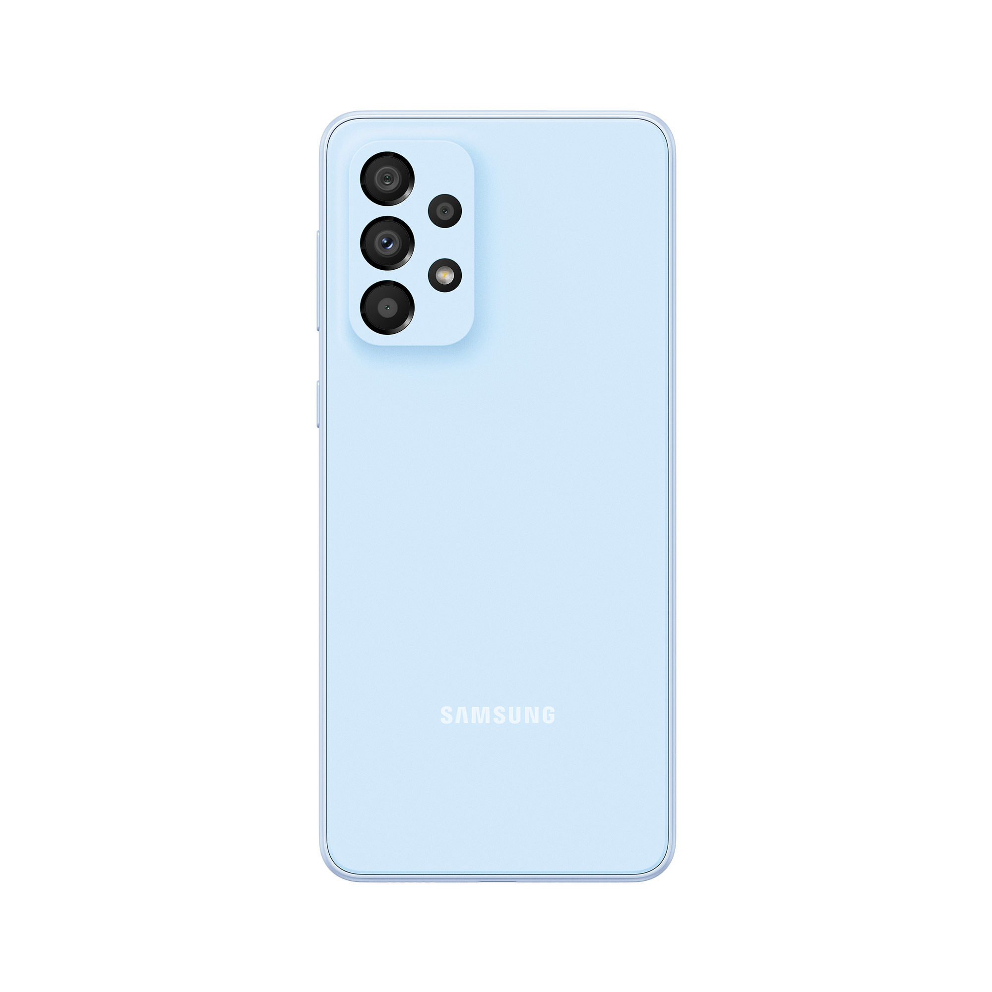 Hellblaues Smartphone mit drei Rückkameras und dem Samsung-Logo.