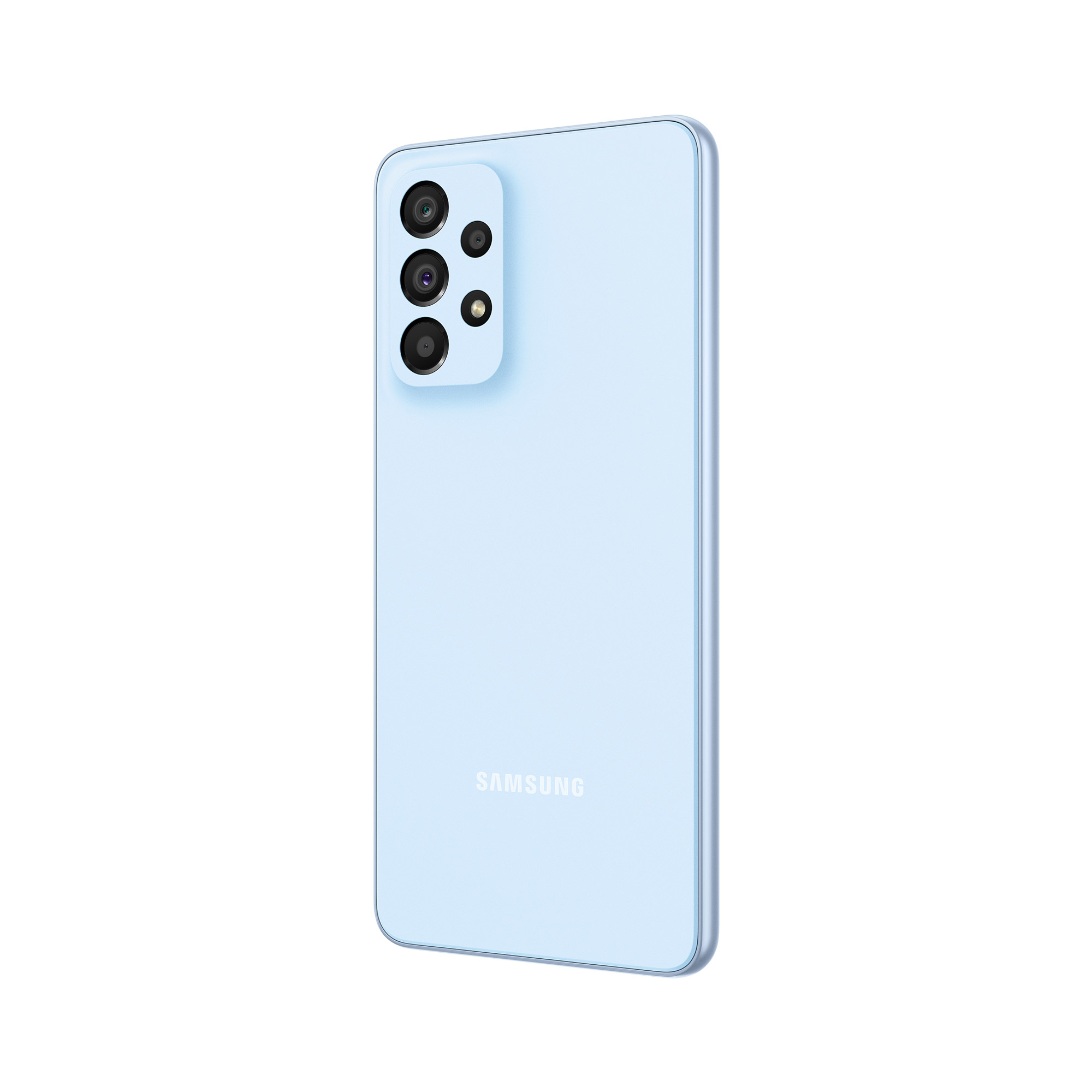 Hellblaues Smartphone von hinten mit Kamera-Array und Samsung-Logo.