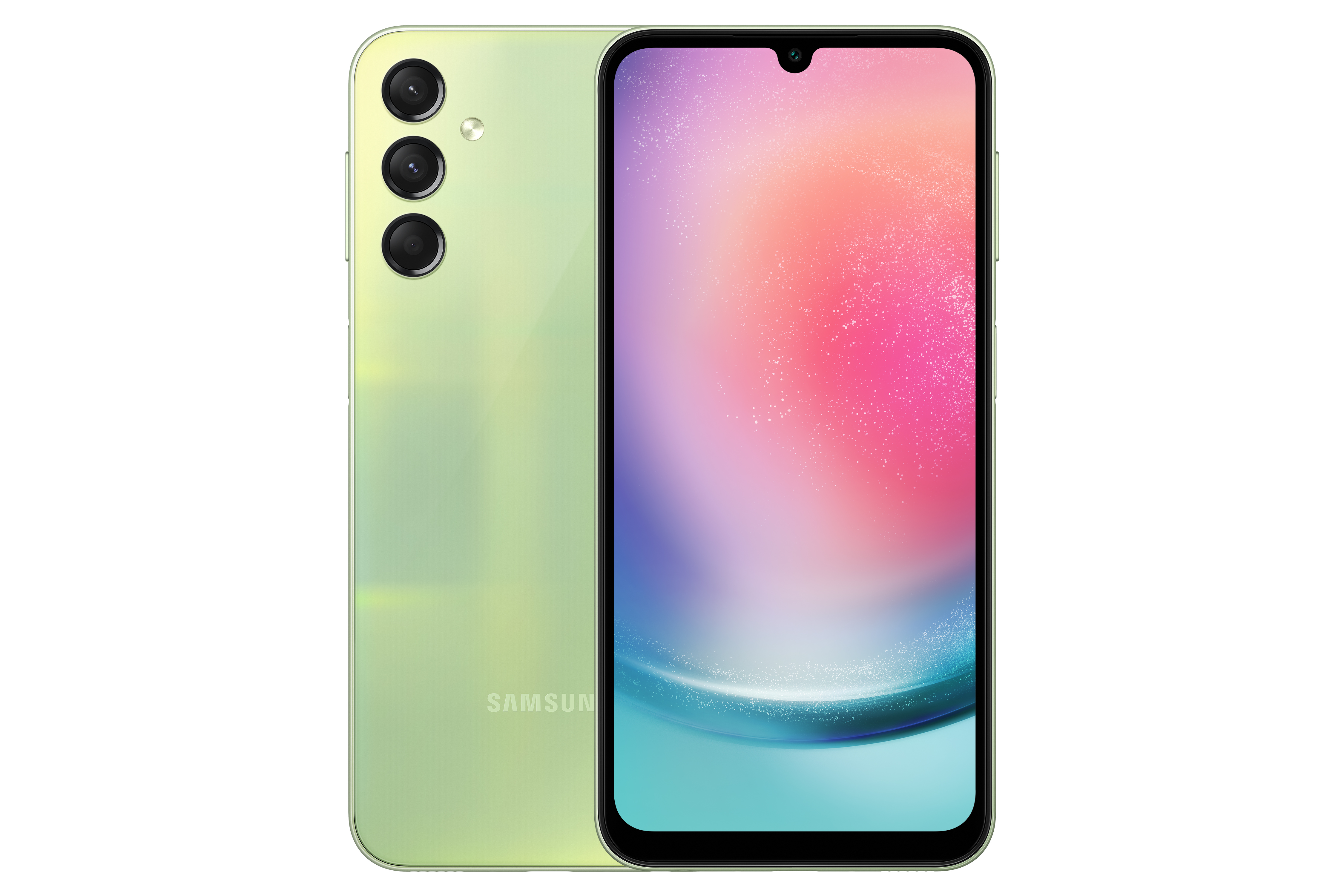 Arkası üç kameralı yeşil telefon ve renkli bir görüntü gösteren ekran.