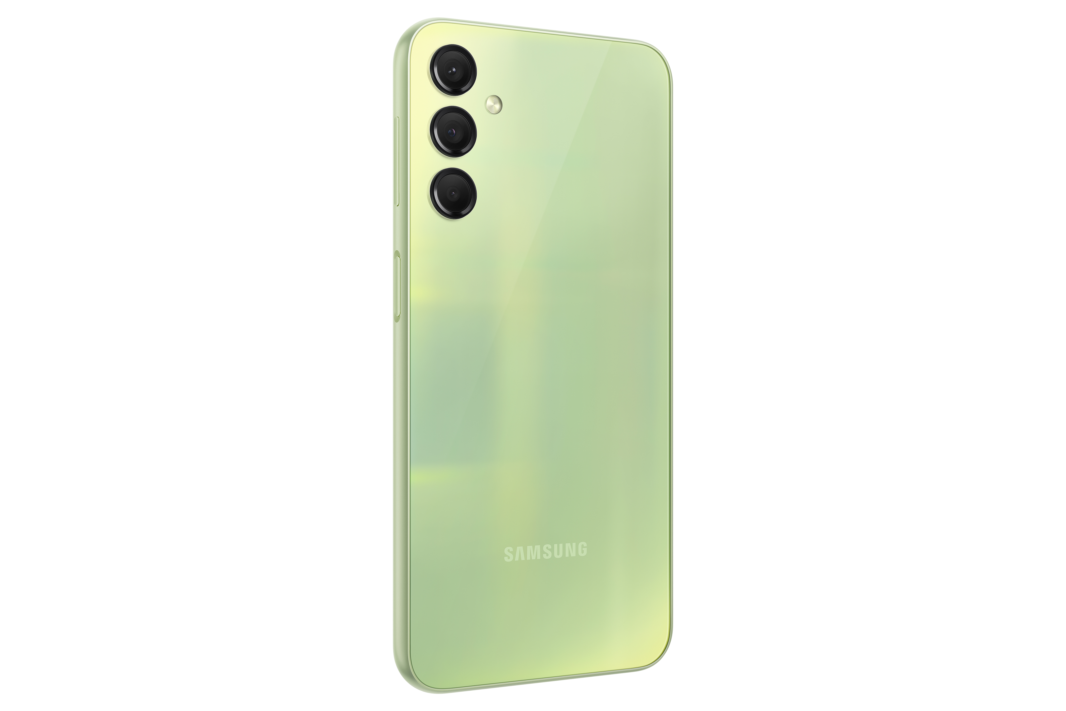 Yeşil Samsung telefon arkası görünümü, üç kamera, Samsung logosu, beyaz zemin.