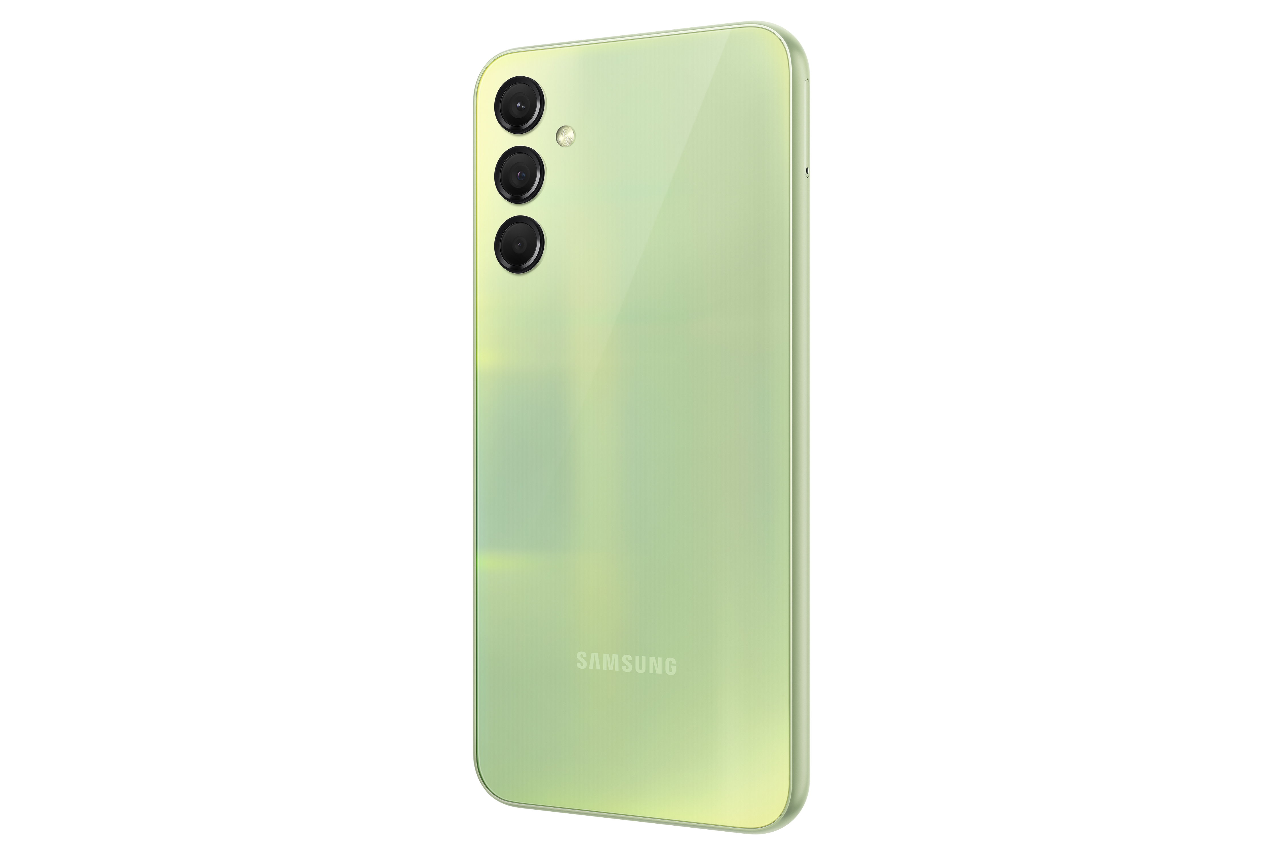 Yeşil telefon, arka görünüm. Kamera lenslerini ve Samsung logosunu gösteriyor.