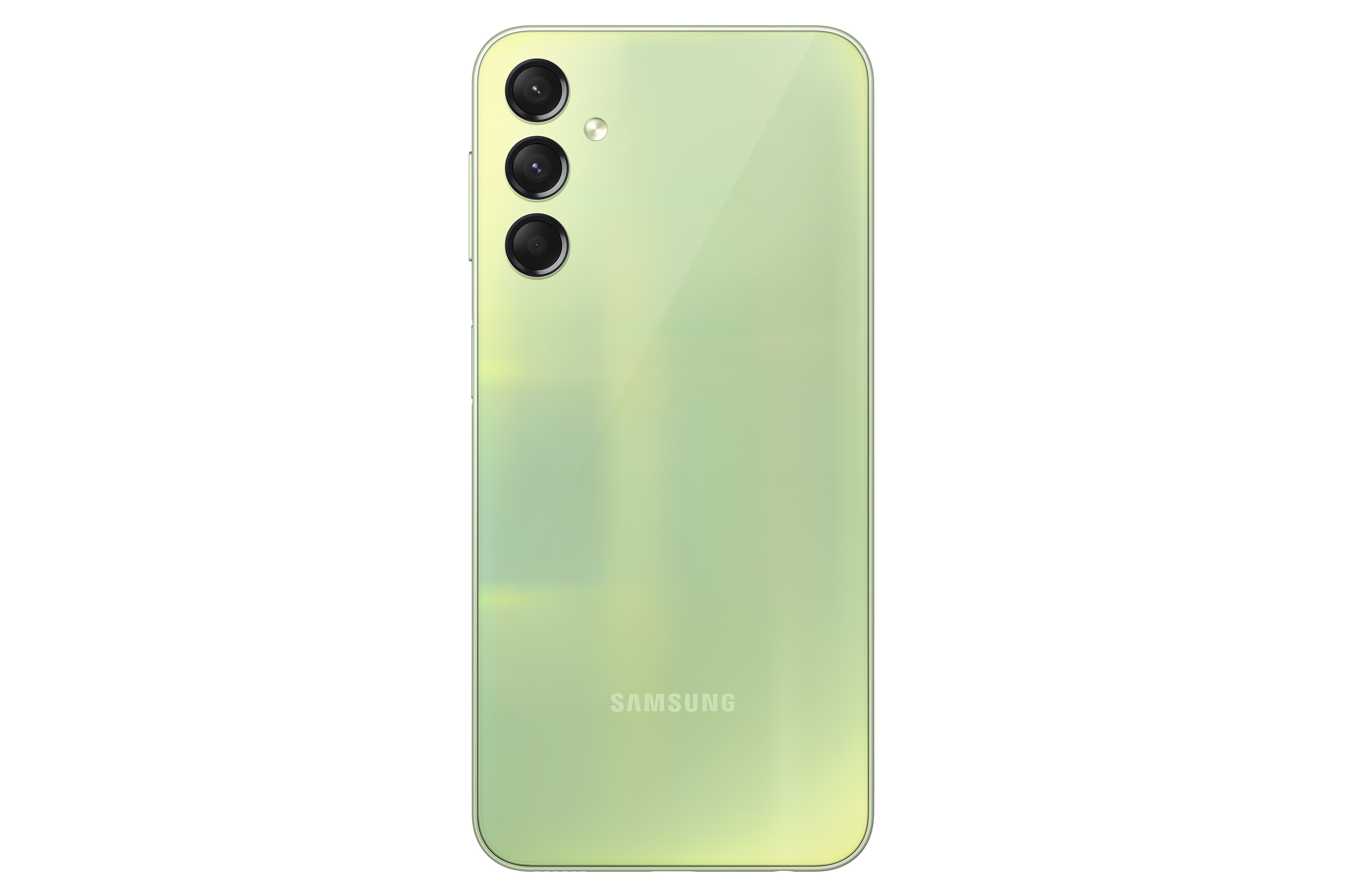 Açık yeşil bir Samsung telefonunun arkası. Üç kamera görünür. Samsung logosu altta.