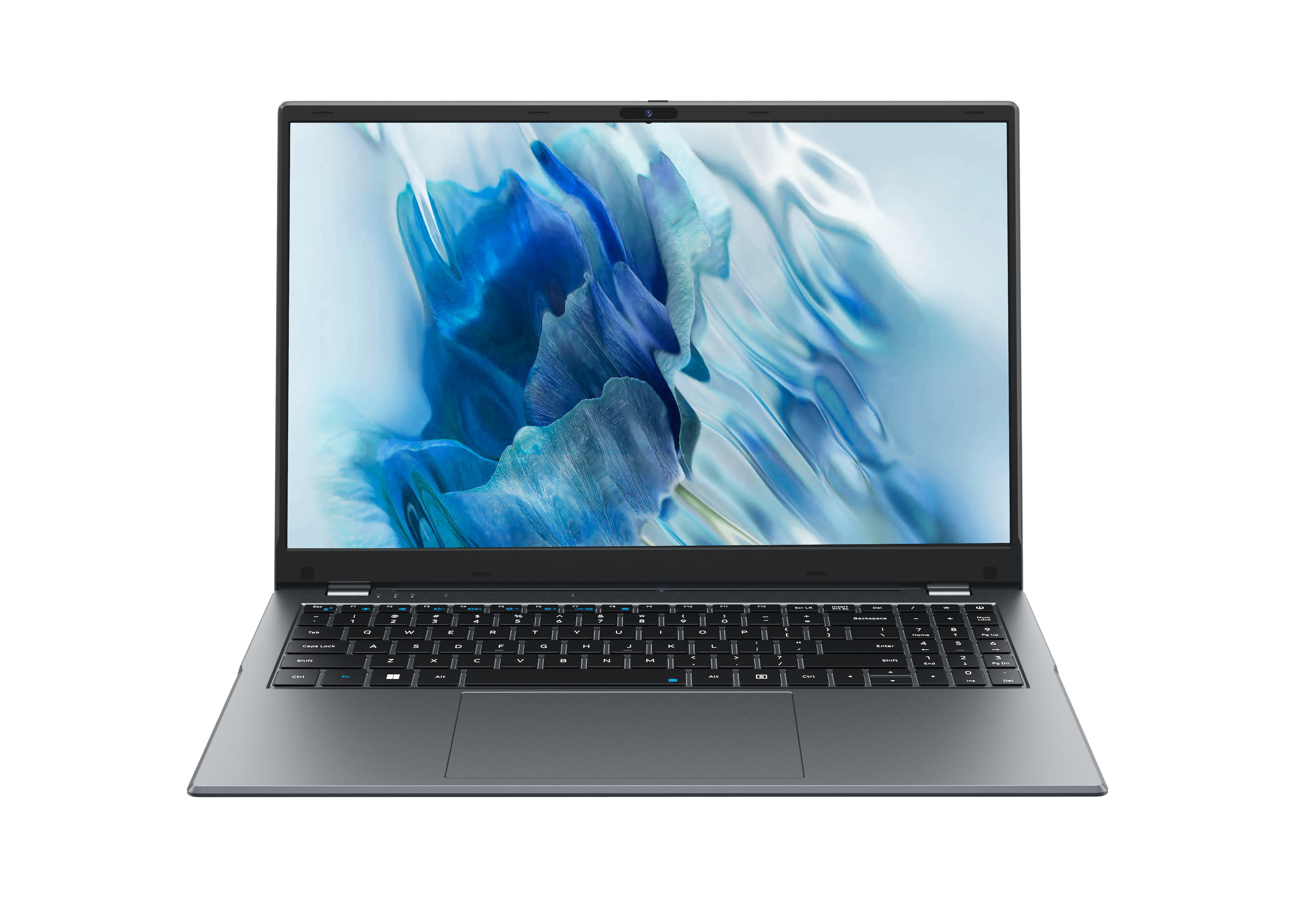 Un portátil plateado está abierto, mostrando una vibrante imagen abstracta azul y blanca en su pantalla.