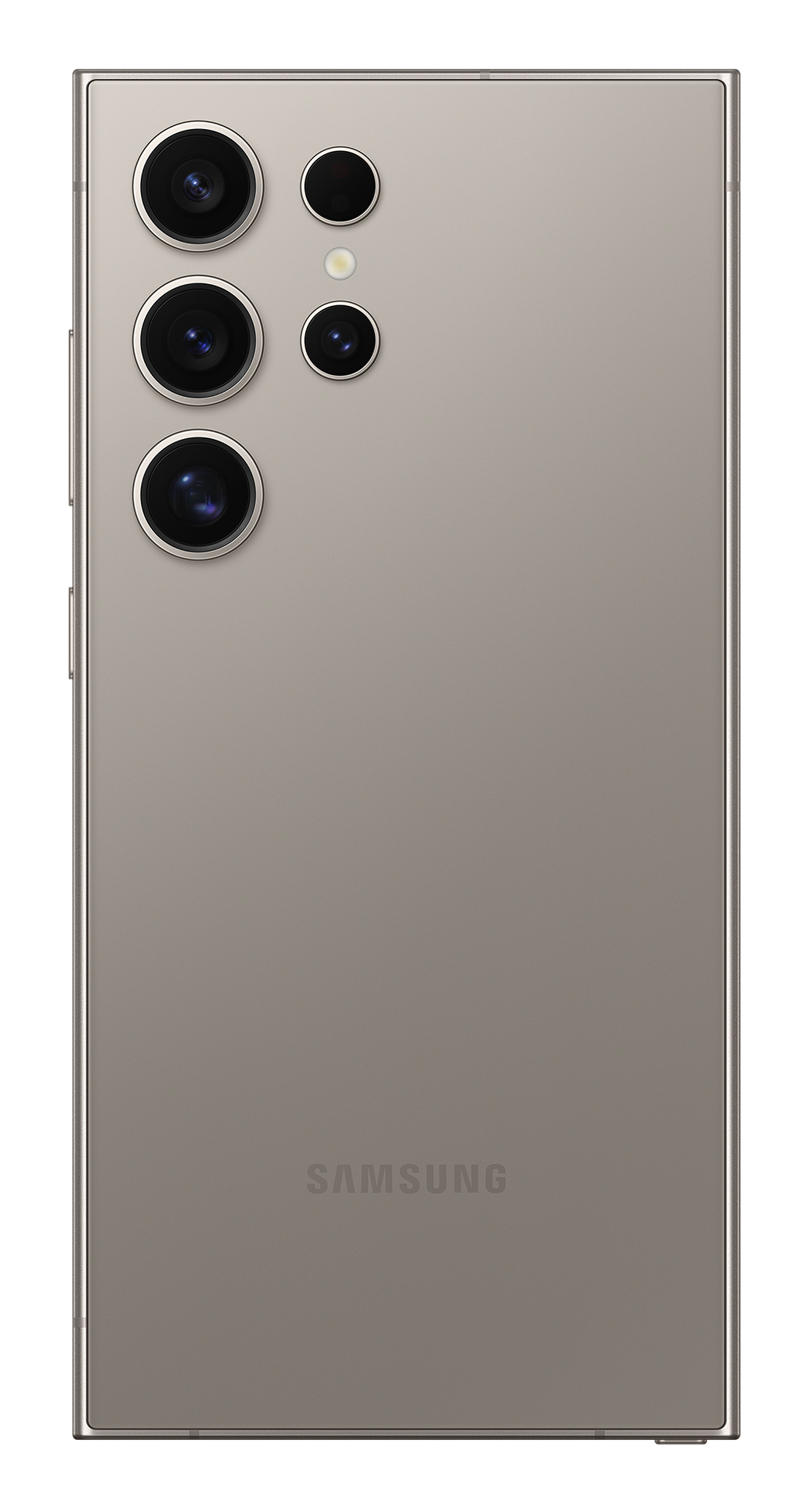 Parte trasera de un smartphone beige con un módulo de cámara.