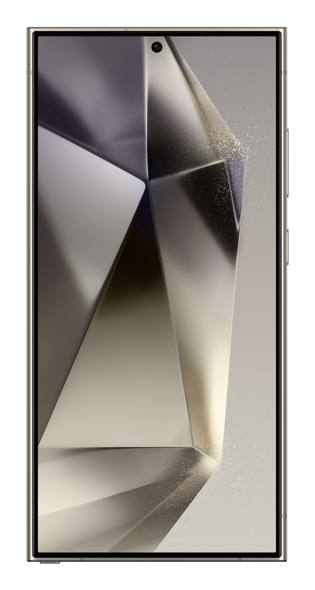 Un smartphone moderno con marco dorado y pantalla con imagen abstracta.