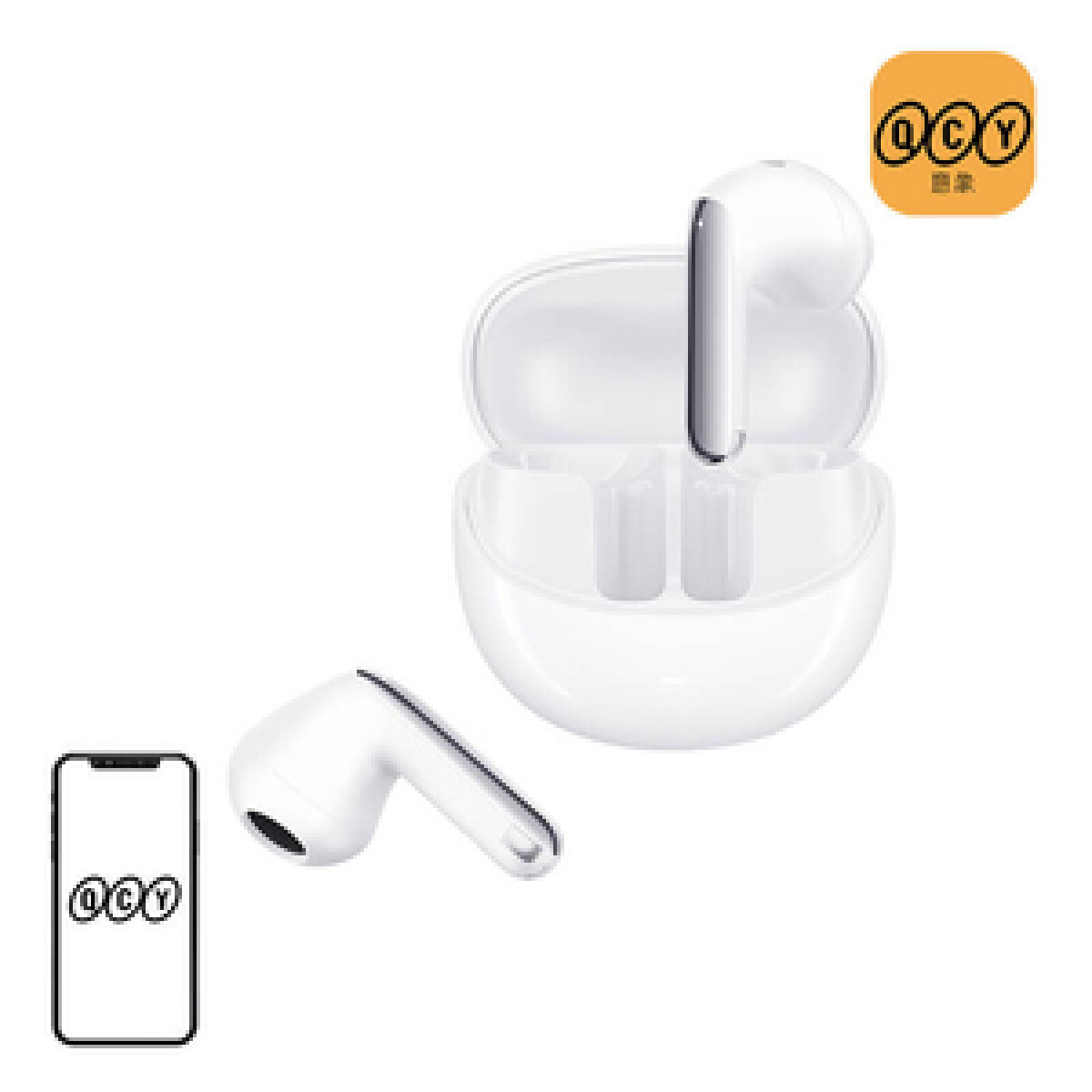 Weiße Ohrhörer mit Ladecase, neben einem Telefon mit Logo.