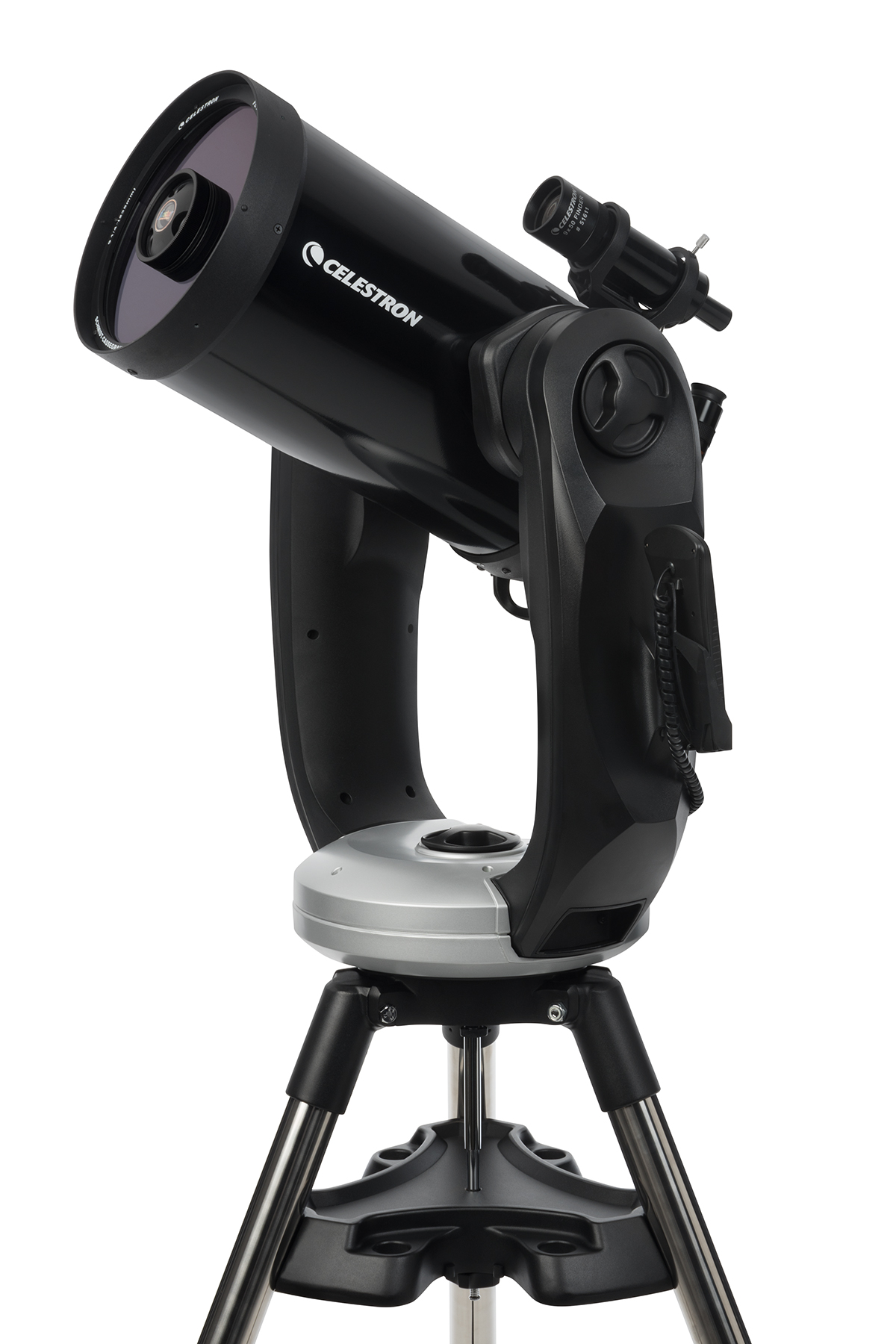 Ein schwarzes Teleskop auf einem Stativ, mit einem kleineren Scope.