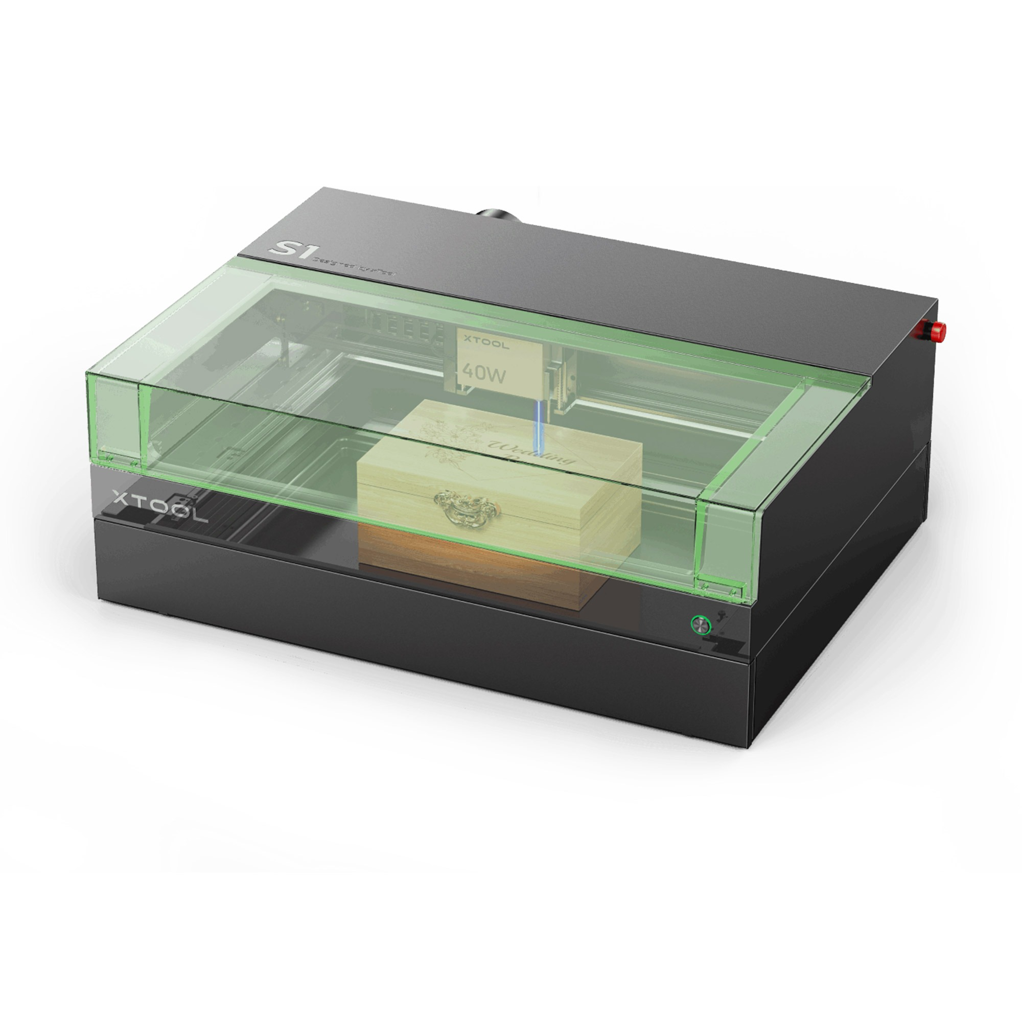 Lasergravurmaschine mit Holzbox im Inneren und grüner transparenter Abdeckung.