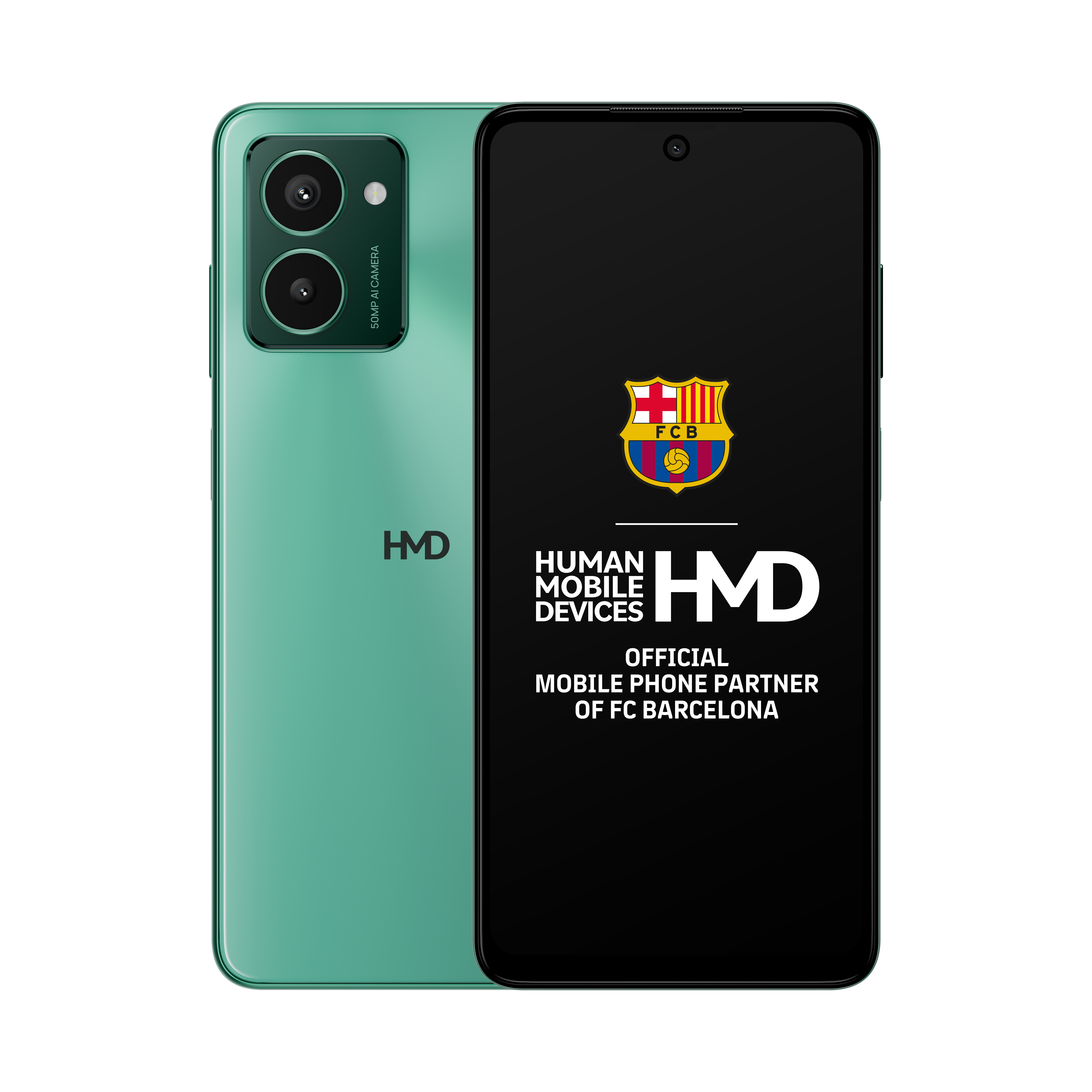 Telefono HMD verde con logo FC Barcelona. Schermo nero. Sfondo bianco.