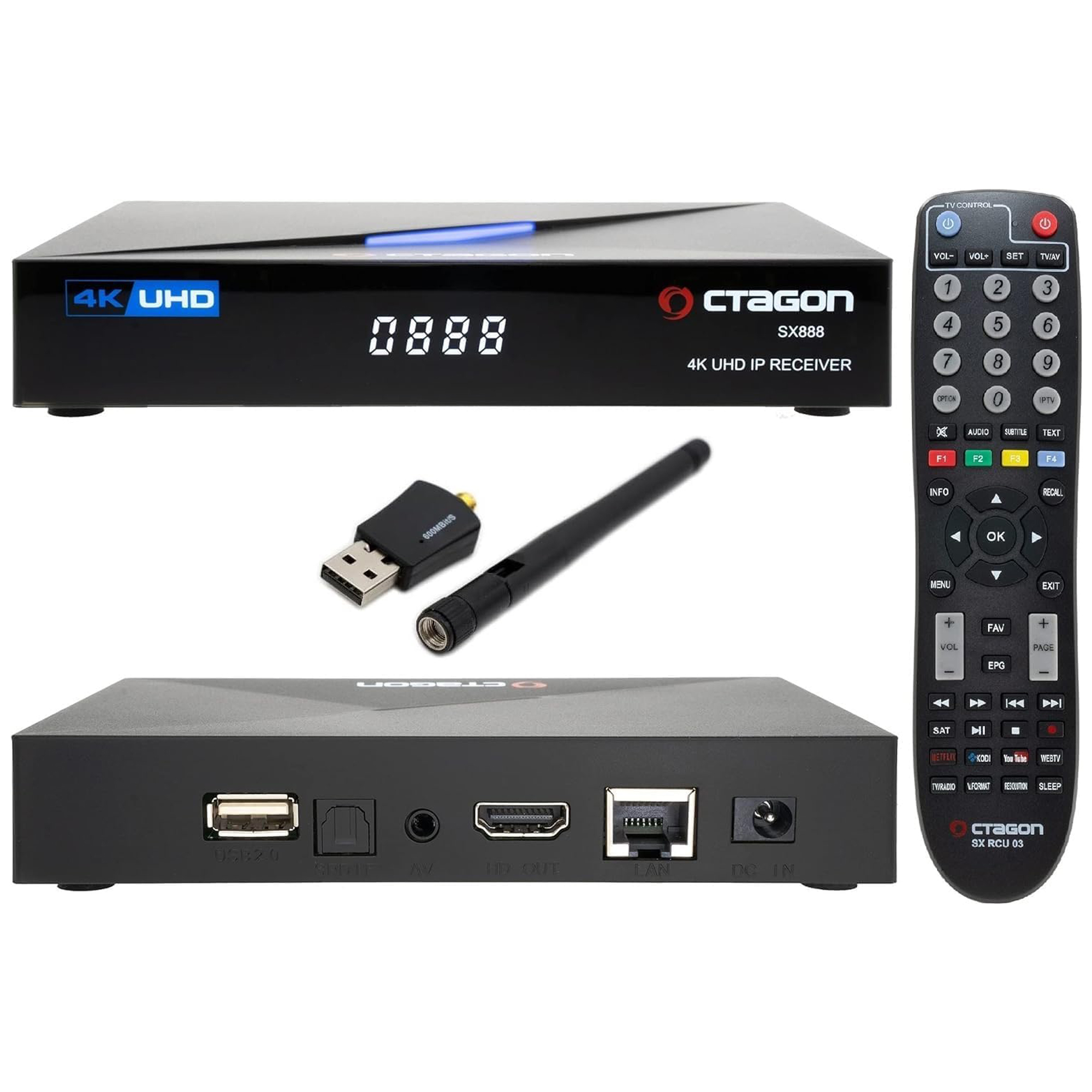 Schwarze TV-Box mit Fernbedienung, Antenne und USB. Aufschriften lauten 4K UHD und CTAGON SX888.