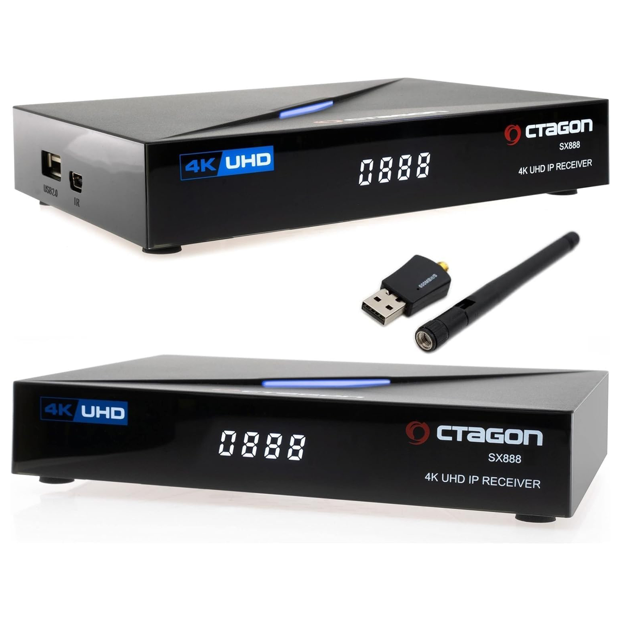Zwei schwarze Set-Top-Boxen mit 4K UHD, Modellnummer und einer USB-Antenne.