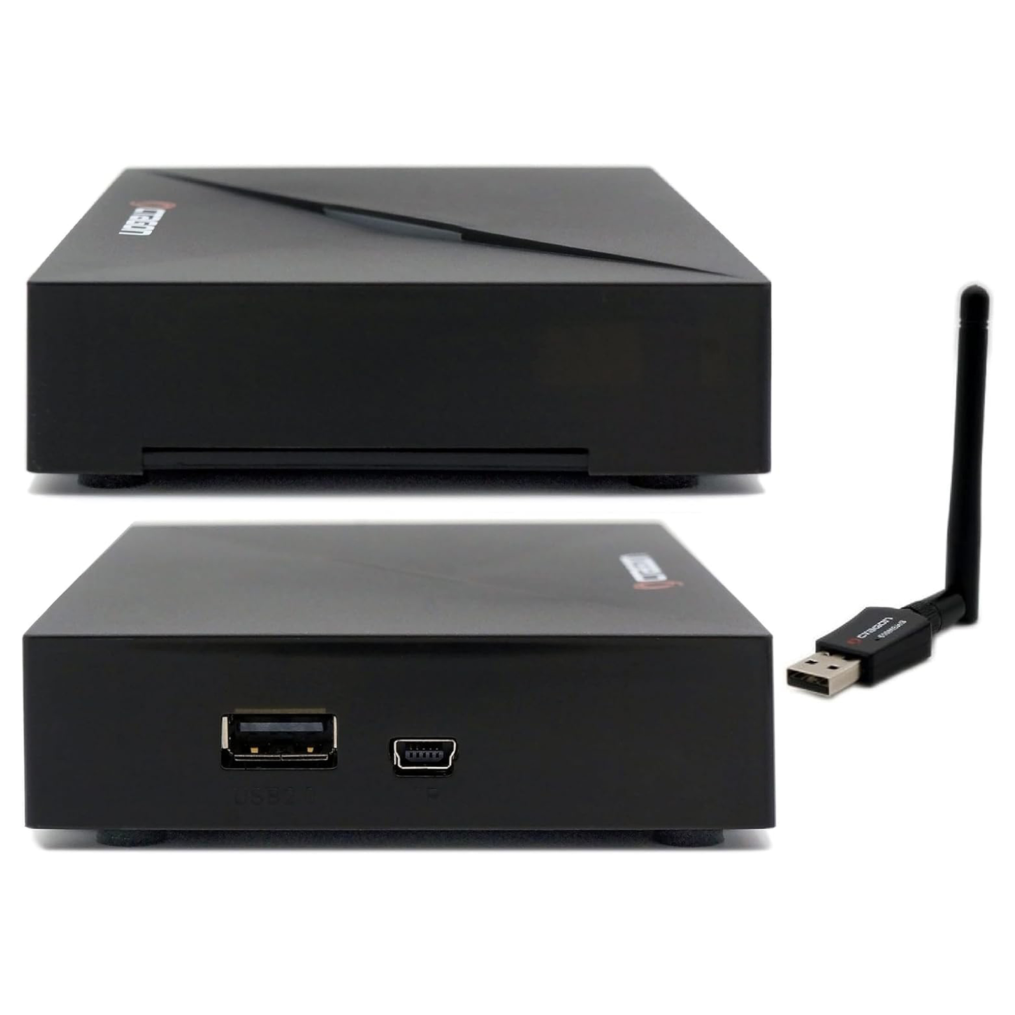 Zwei schwarze Boxen und eine schwarze Antenne. Die Boxen haben Anschlüsse für USB und mehr.