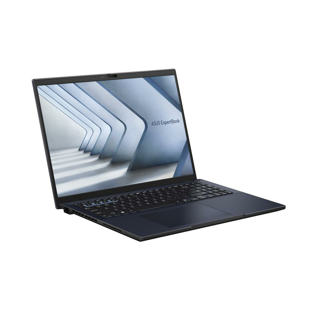Laptop aperto, vista laterale. Corpo blu, tastiera nera e schermo azzurro.