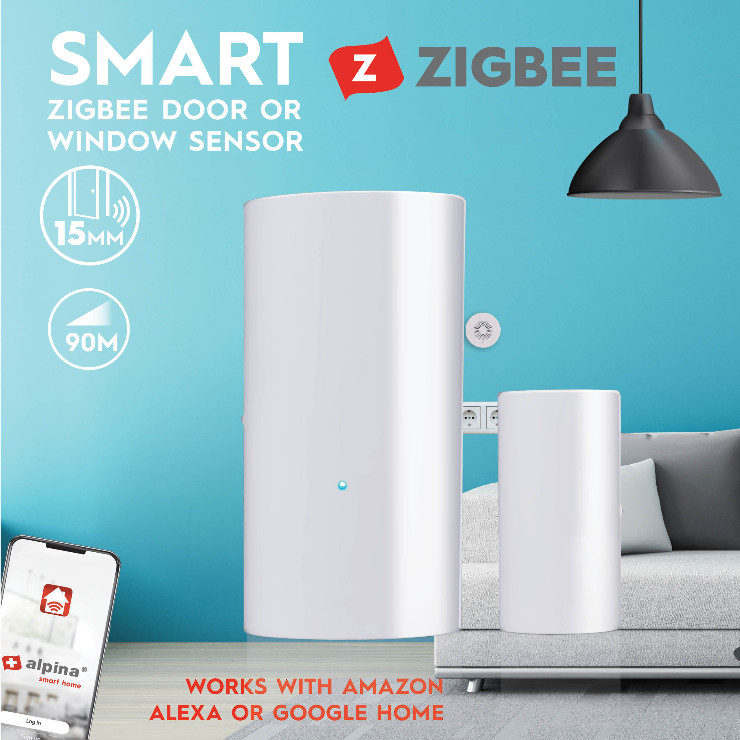 Smart Zigbee Tür- oder Fenstersensor, eingerichtet in einem Wohnzimmer.