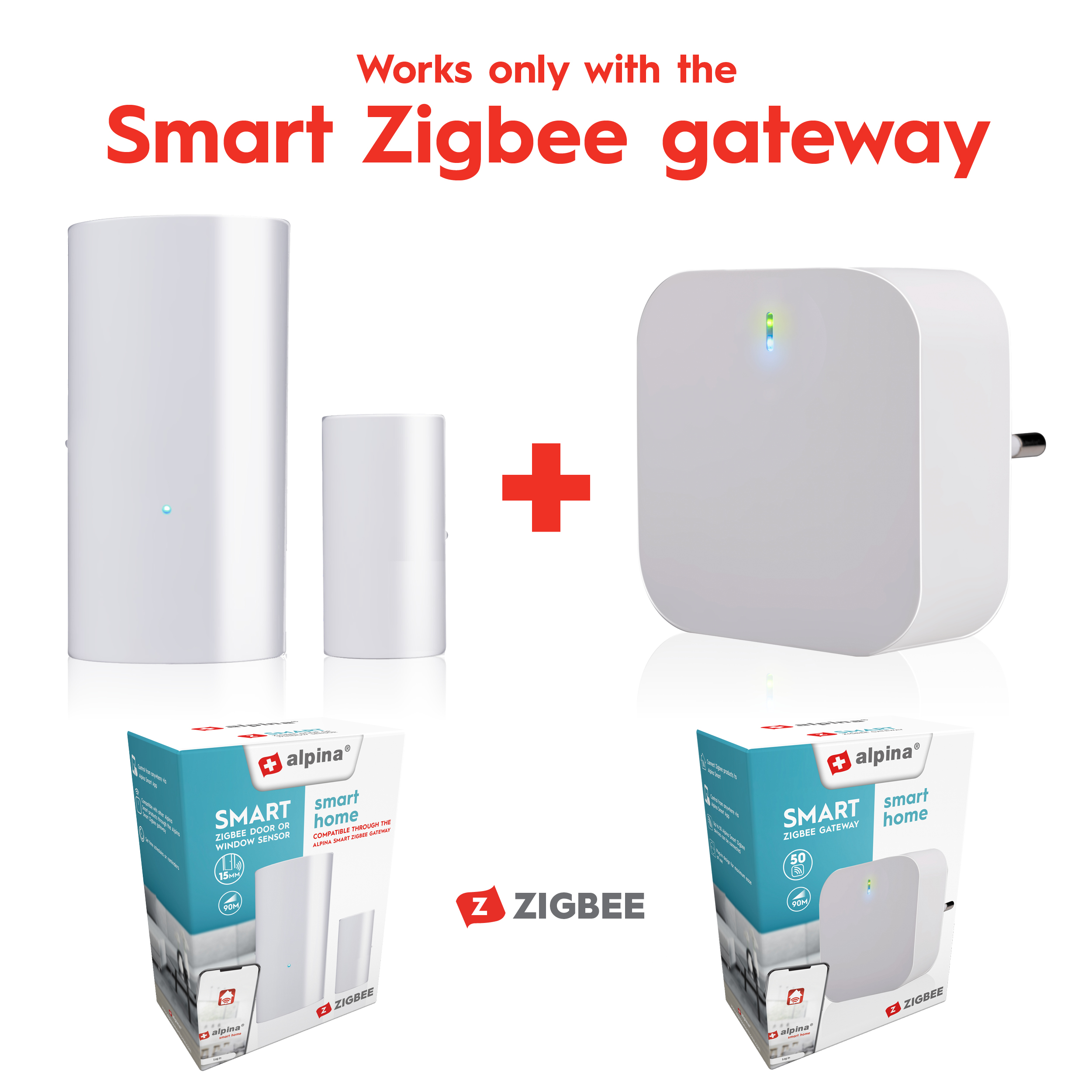 Weiße Smart-Home-Geräte: ein Zigbee-Gateway und ein Türsensor, mit Boxen, auf weißem Hintergrund.