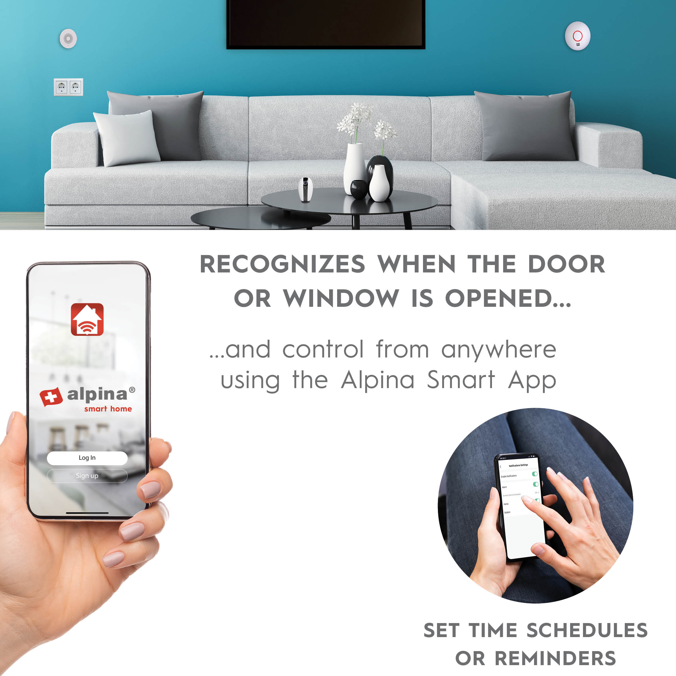 Smart-Home-App auf dem Telefon mit Wohnzimmer. Text: Zeitpläne oder Erinnerungen einstellen.