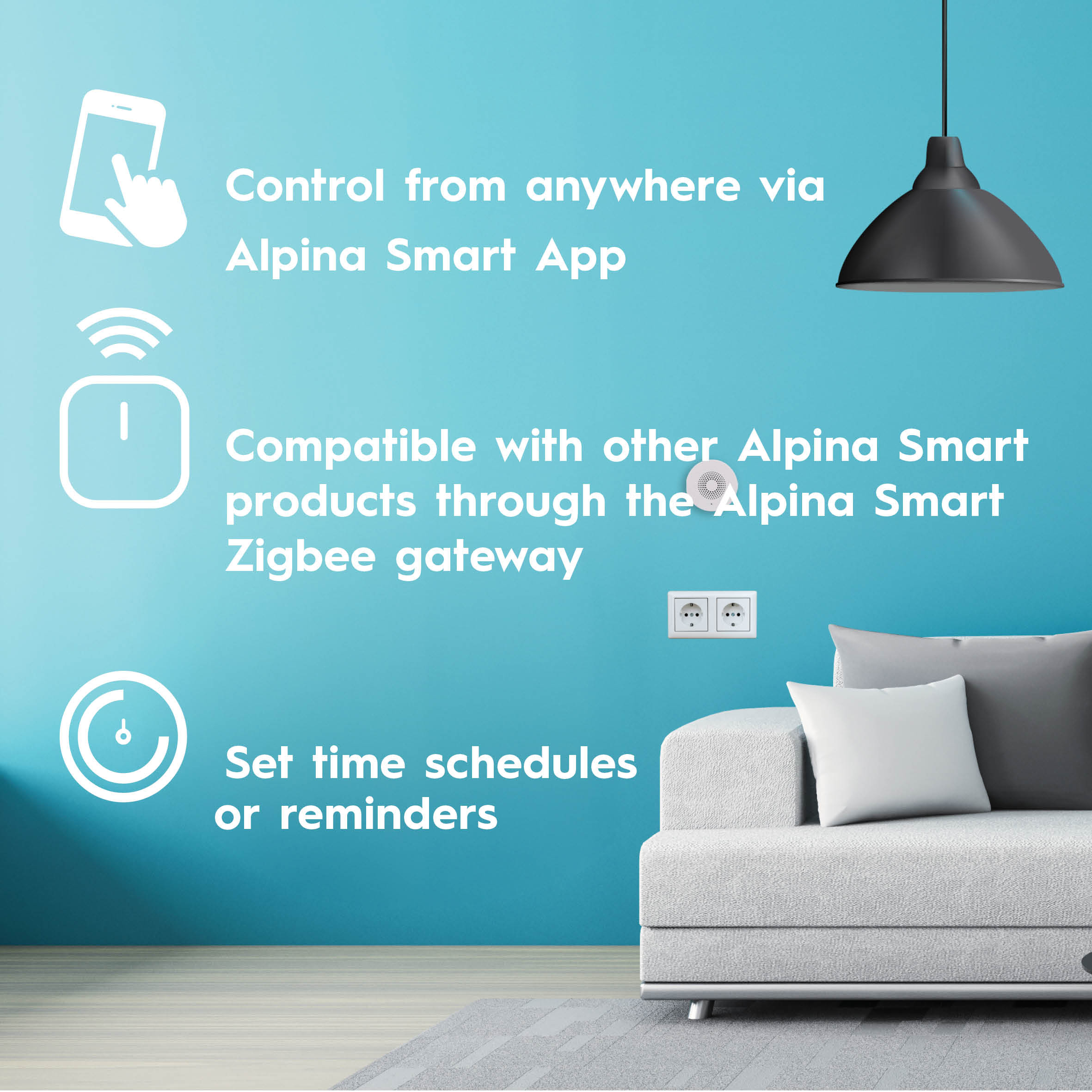 Blaue Wand mit Text, Sofa und Lampe. Text: Steuerung per App, kompatibel und Zeitpläne.