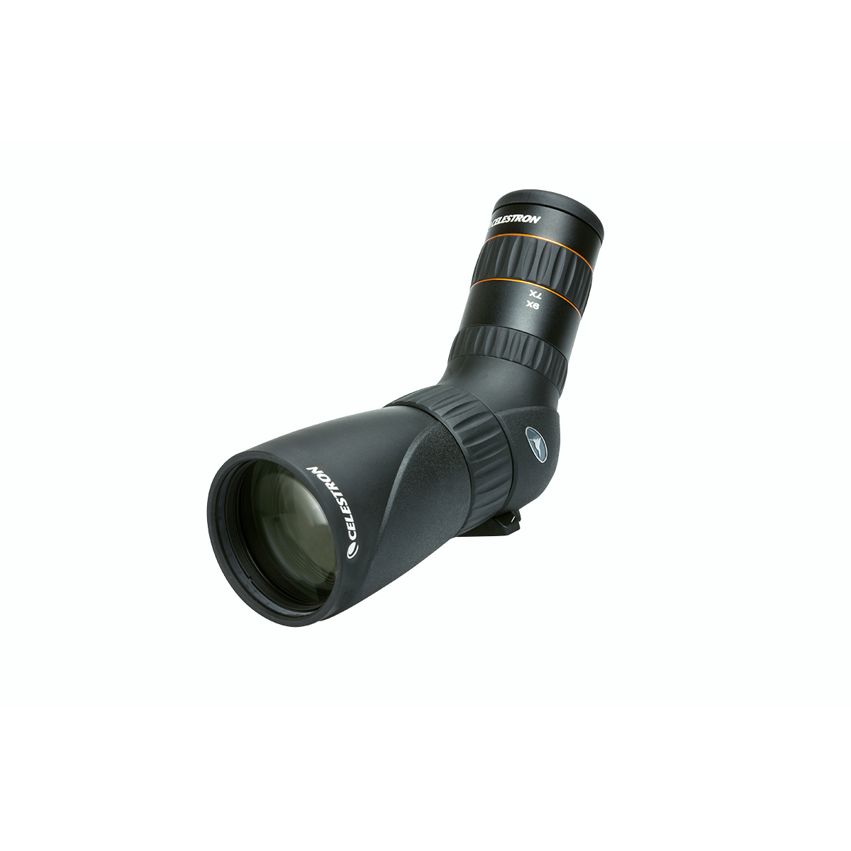 Ein schwarzes Celestron Spektiv, nach links abgewinkelt, mit orangefarbenen Akzenten und Branding auf Weiß.