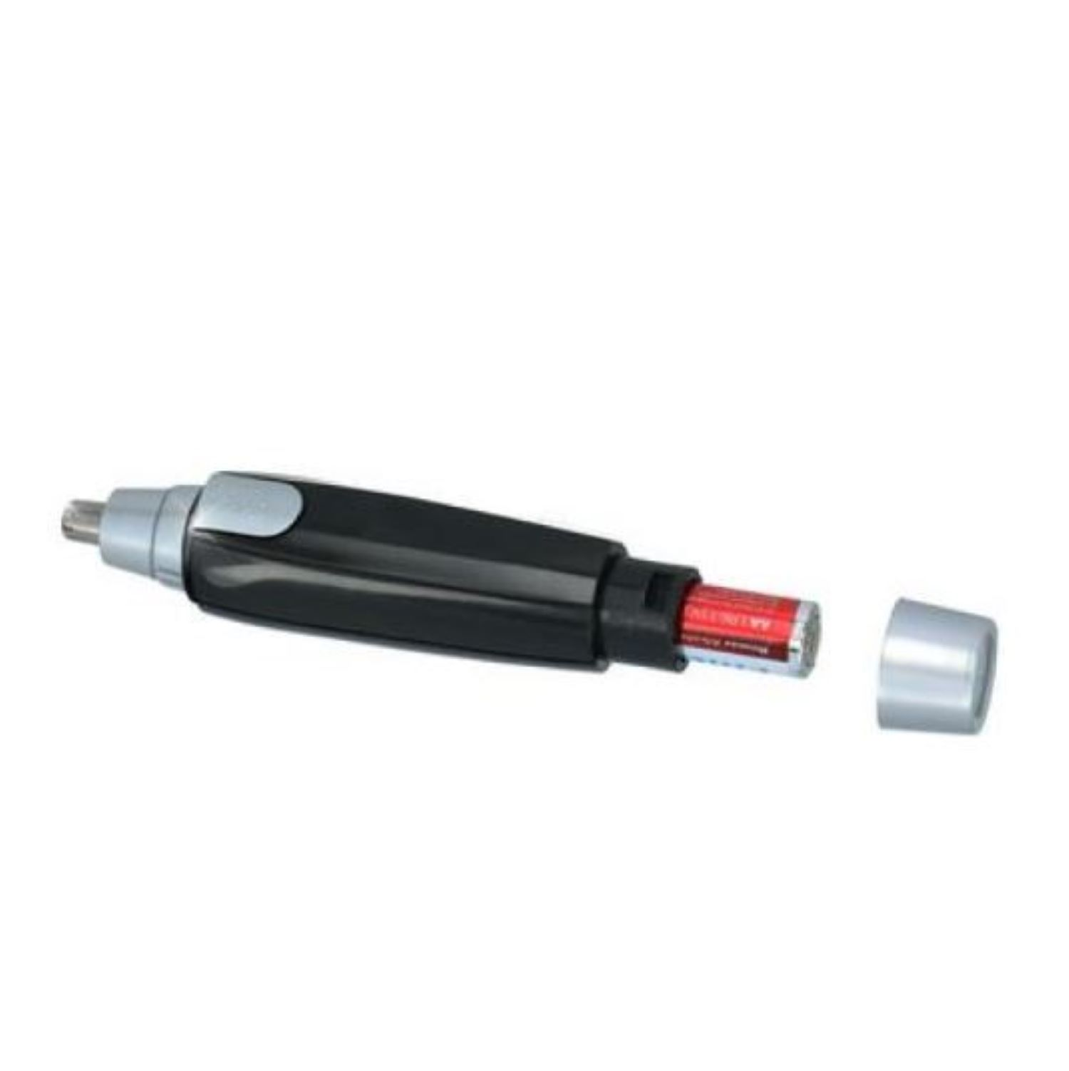 Un tagliacapelli nero per naso con vano batteria aperto, che rivela una batteria.