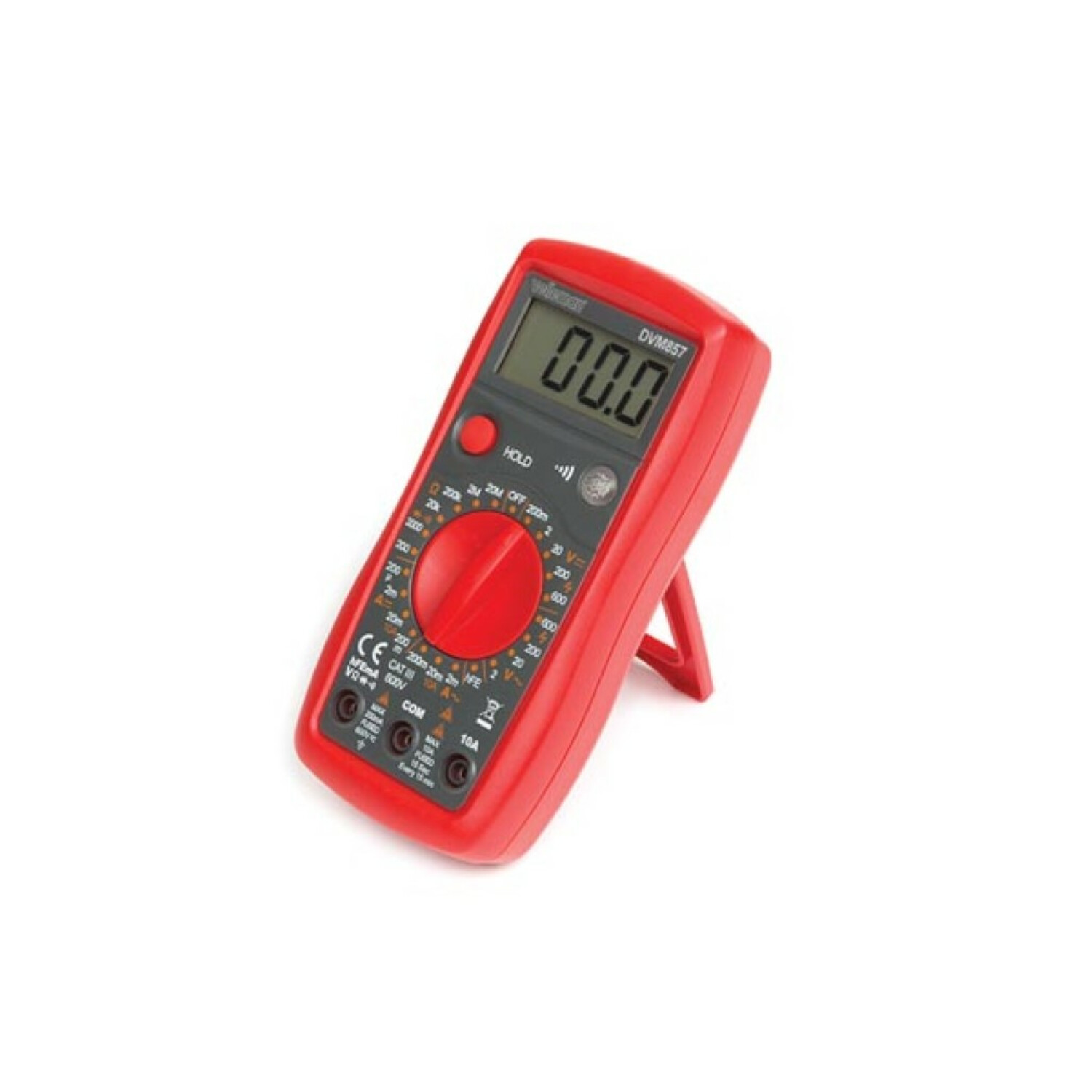 Ein rotes digitales Multimeter, das 000,0 auf seinem Bildschirm anzeigt, vor einem weißen Hintergrund positioniert.
