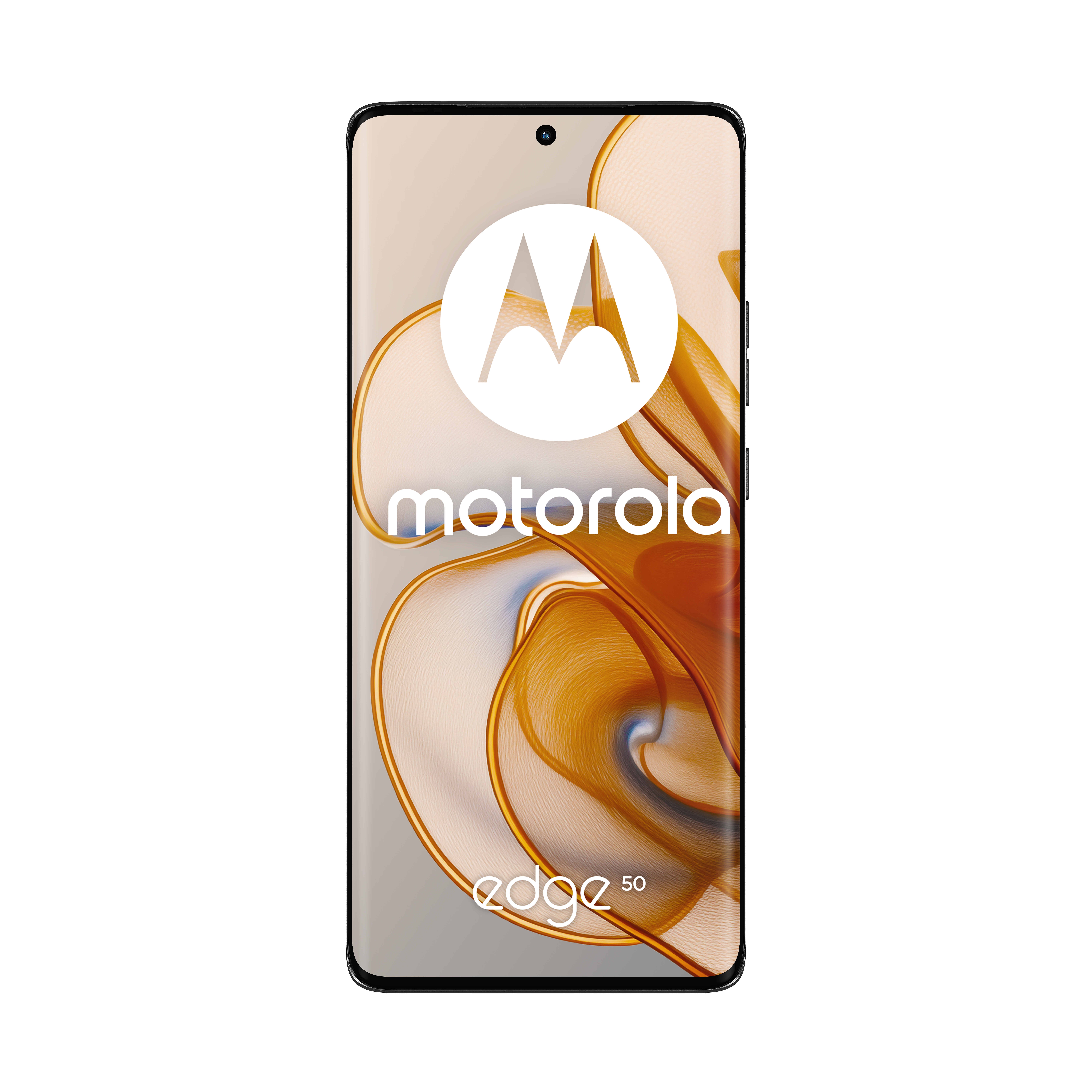 Un teléfono Motorola Edge 50 con el logotipo de Motorola en la pantalla, rodeado de un patrón naranja y blanco.