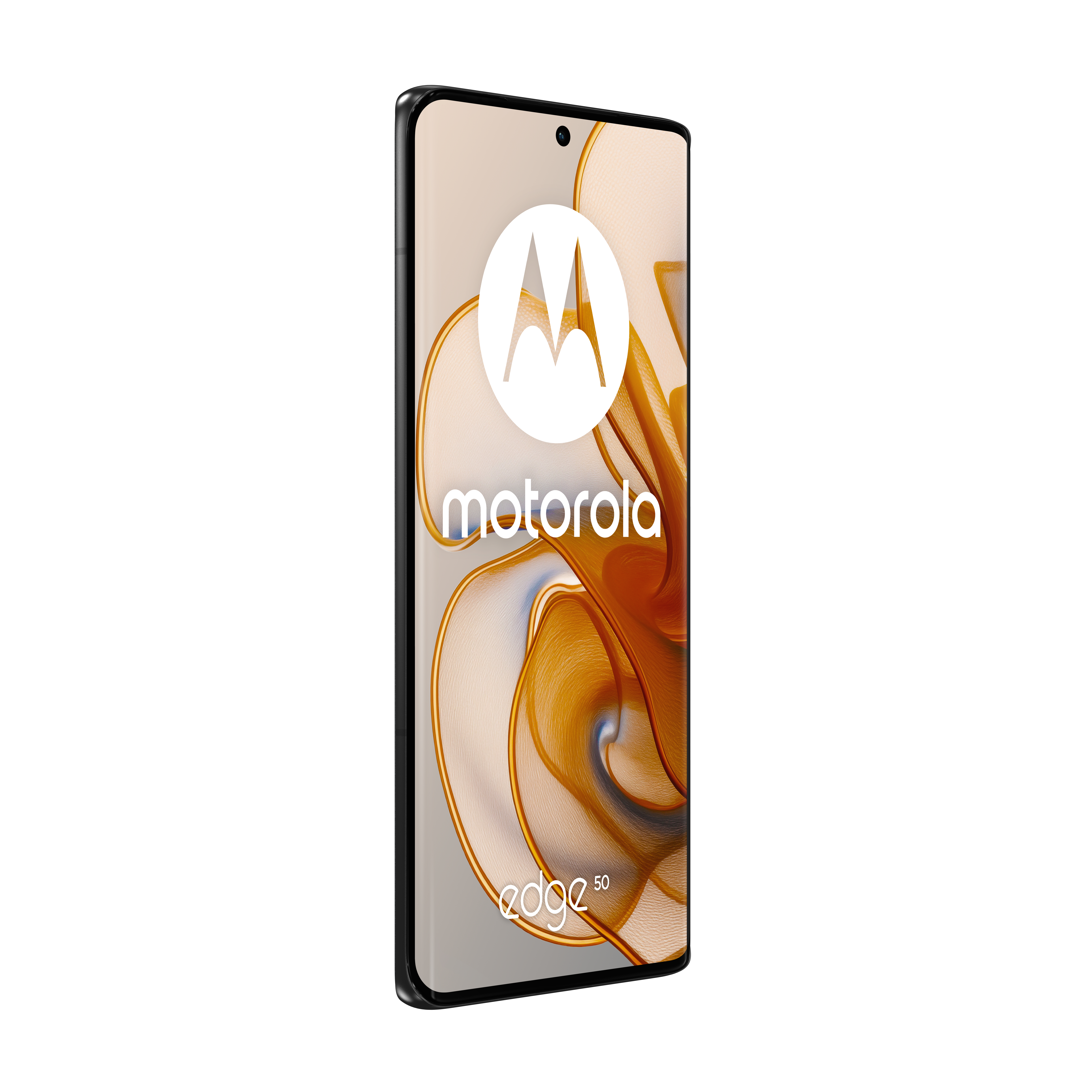 Teléfono Motorola, logo blanco, pantalla curva, marco negro, fondo beige.