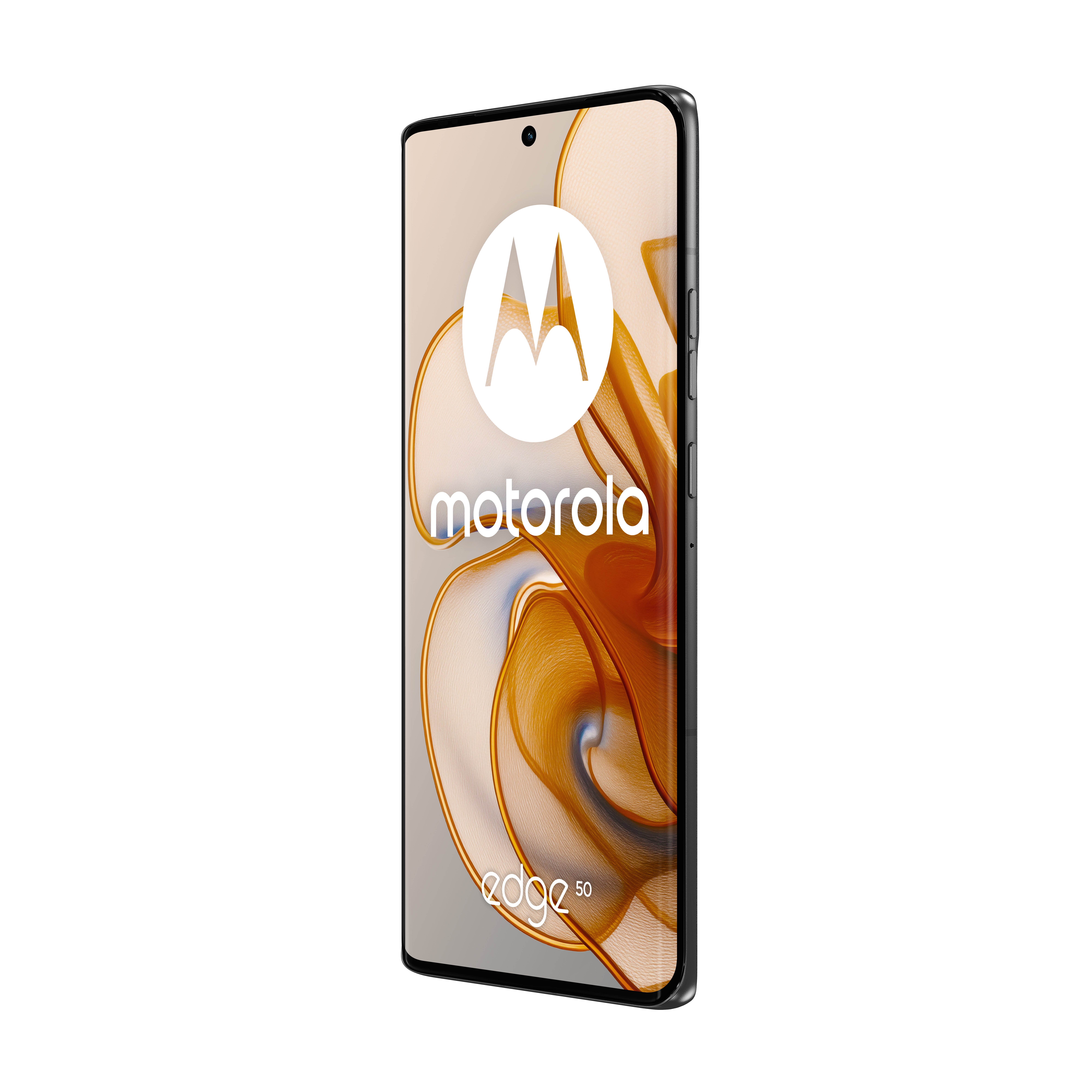 Un teléfono inteligente Motorola negro con el logotipo de Motorola en la pantalla, sobre un fondo blanco.