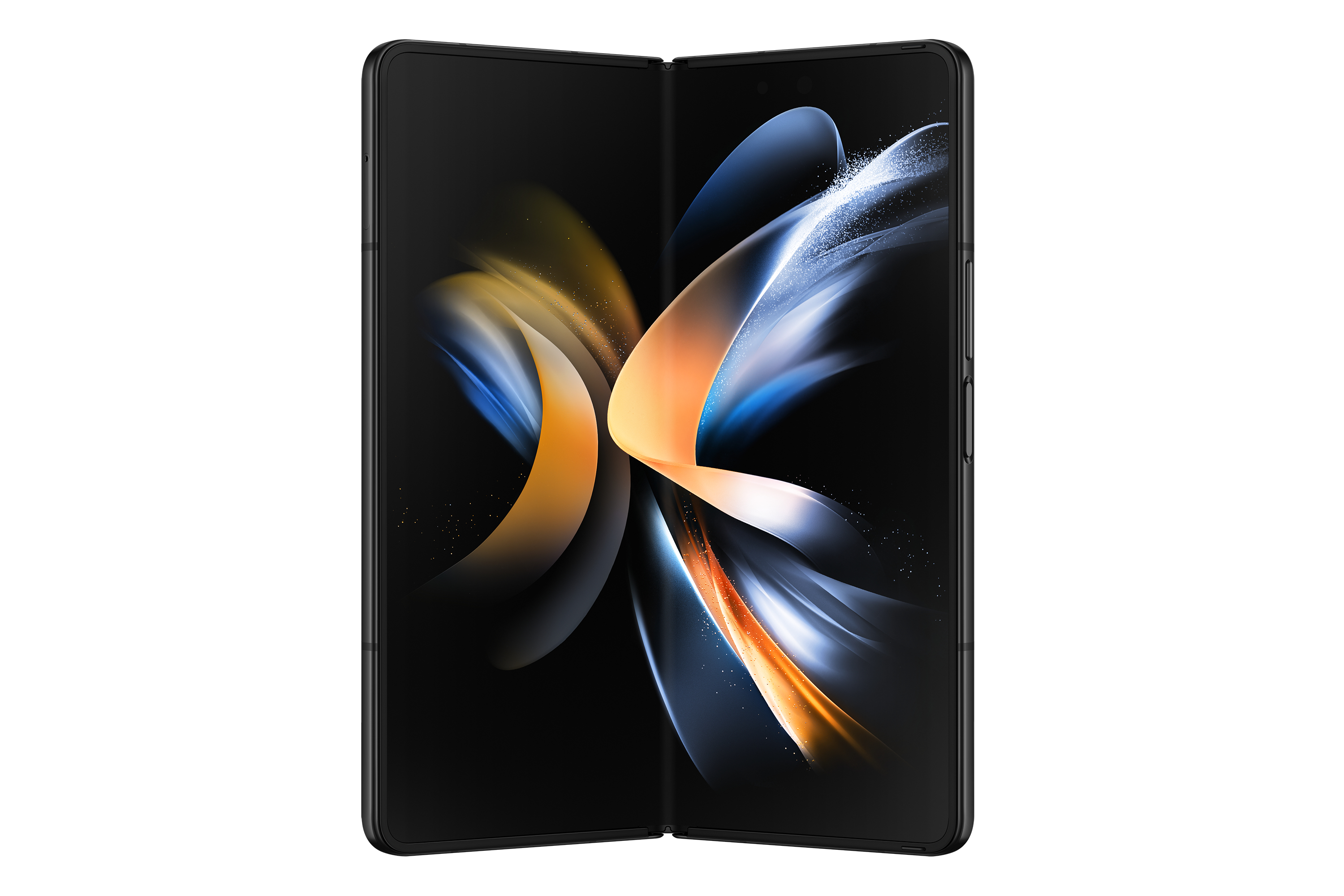 Een opgevouwen zwarte smartphone met een dynamisch, kleurrijk abstract ontwerp op het scherm.