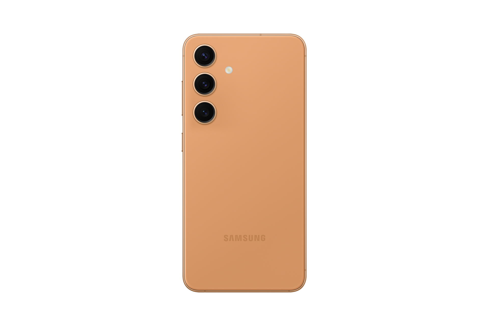 Złoty tył telefonu, trzy kamery, logo Samsung.