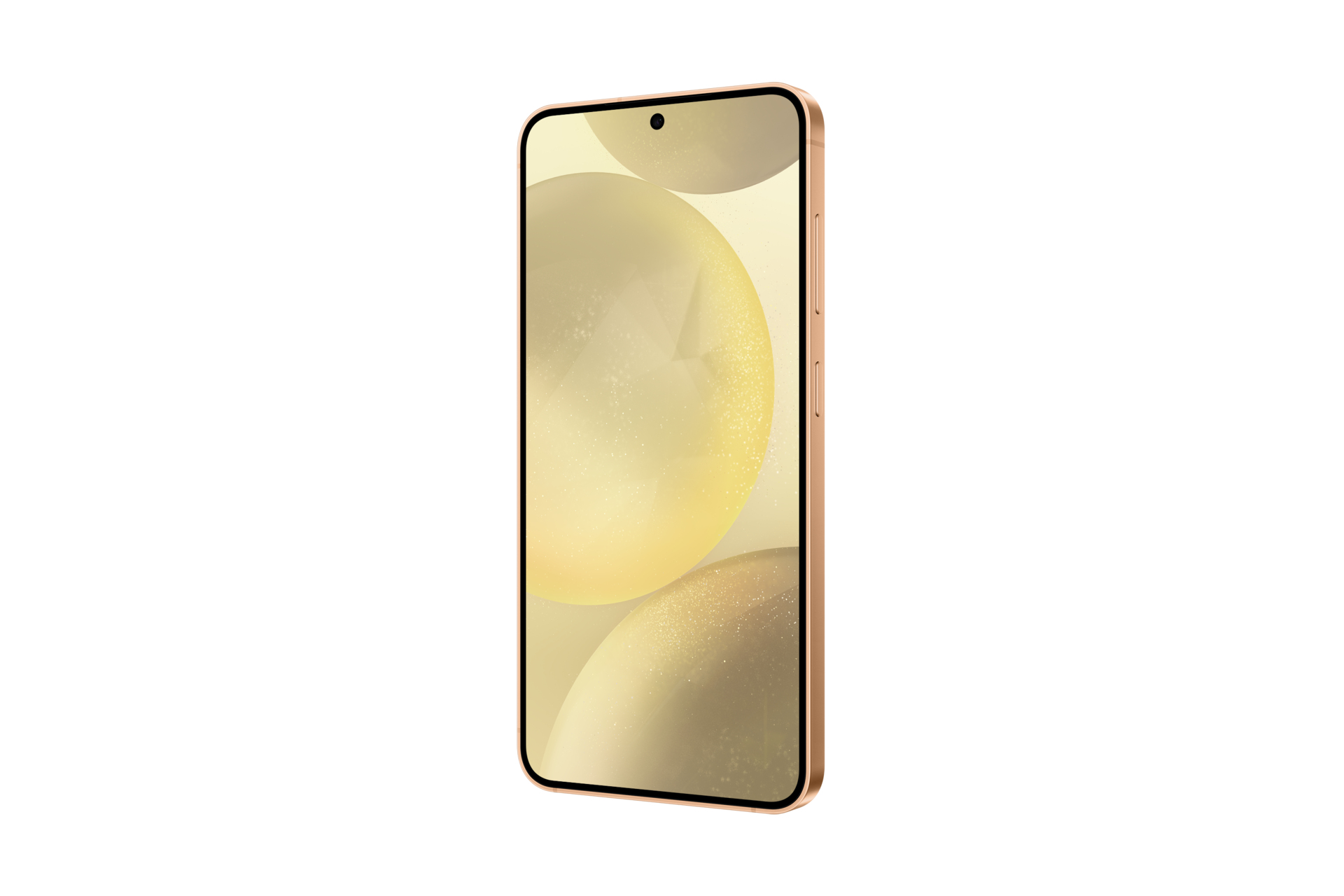 Ein goldfarbenes Smartphone, von der Seite gezeigt. Der Bildschirm zeigt ein verschwommenes, abstraktes Design.