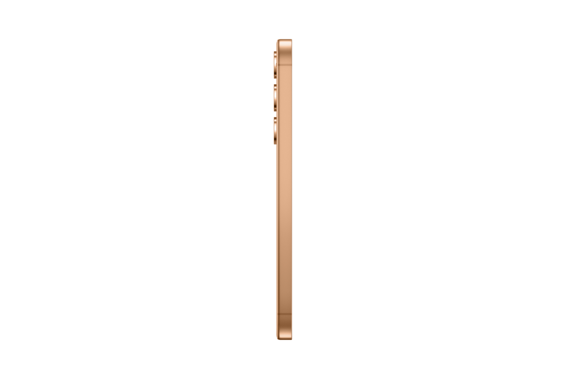 Gouden telefoon, zijaanzicht. De camerabobbel is zichtbaar. Witte achtergrond.