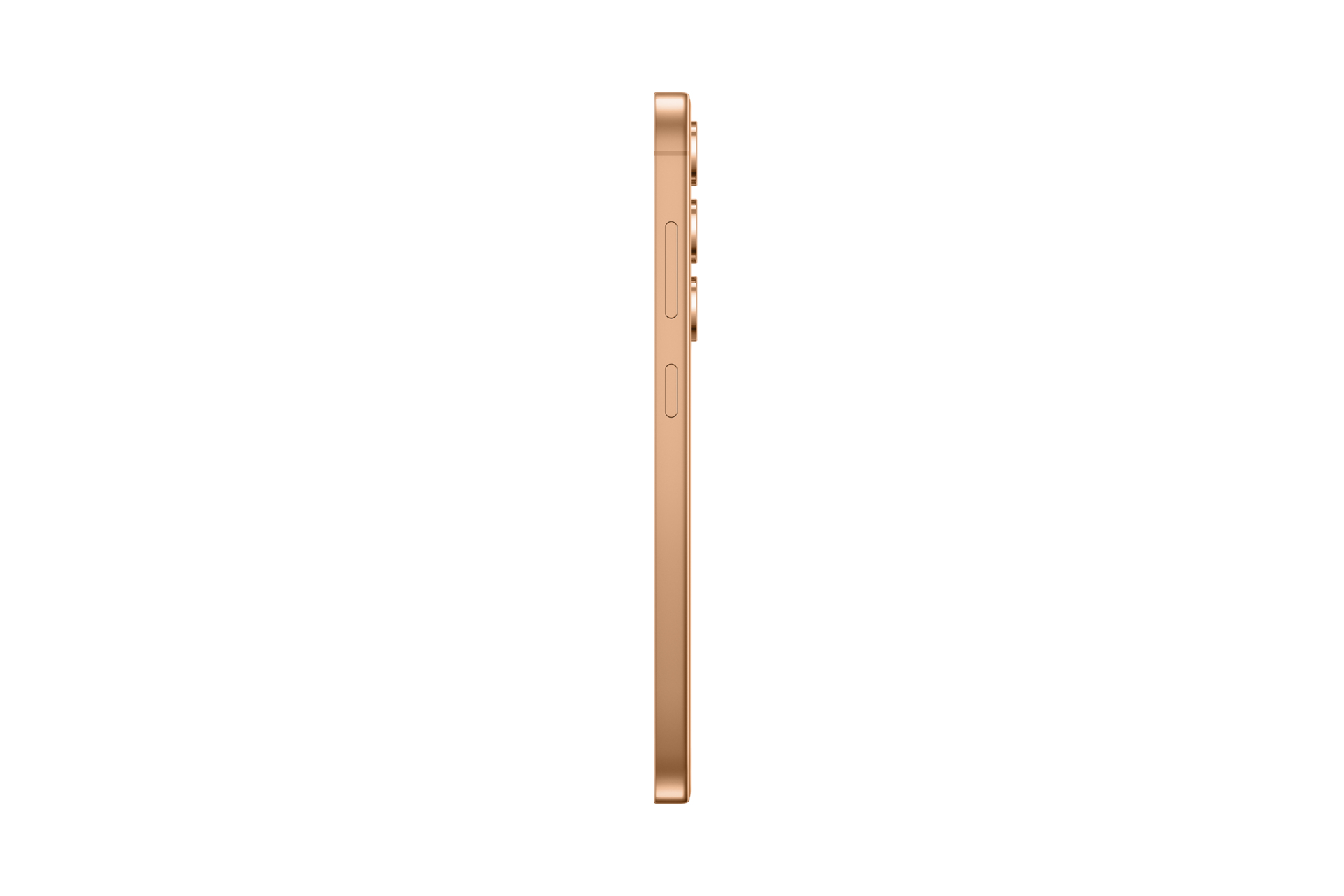 Seitenprofil eines goldfarbenen Smartphones vor weißem Hintergrund.