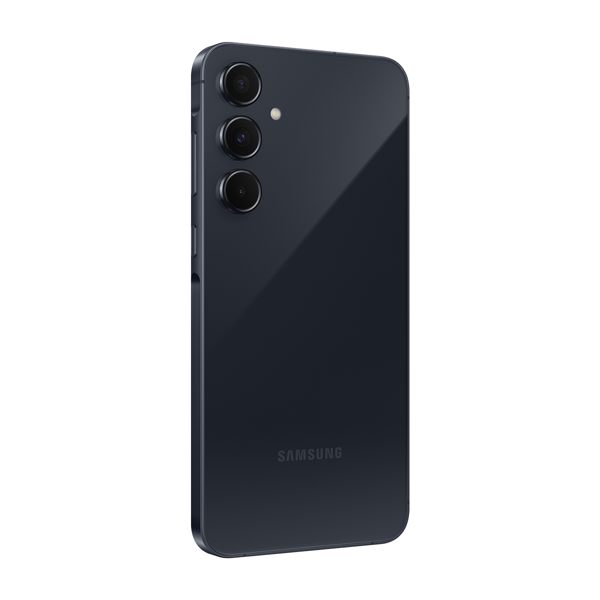 Üç kameralı ve Samsung logolu koyu mavi akıllı telefon arka görünümü.