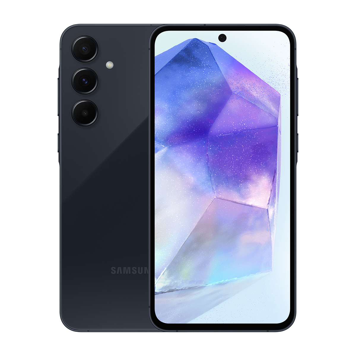 Arka ve ekranı görünen koyu mavi bir akıllı telefon. Arkada üçlü kamera kurulumu ve Samsung logosu.