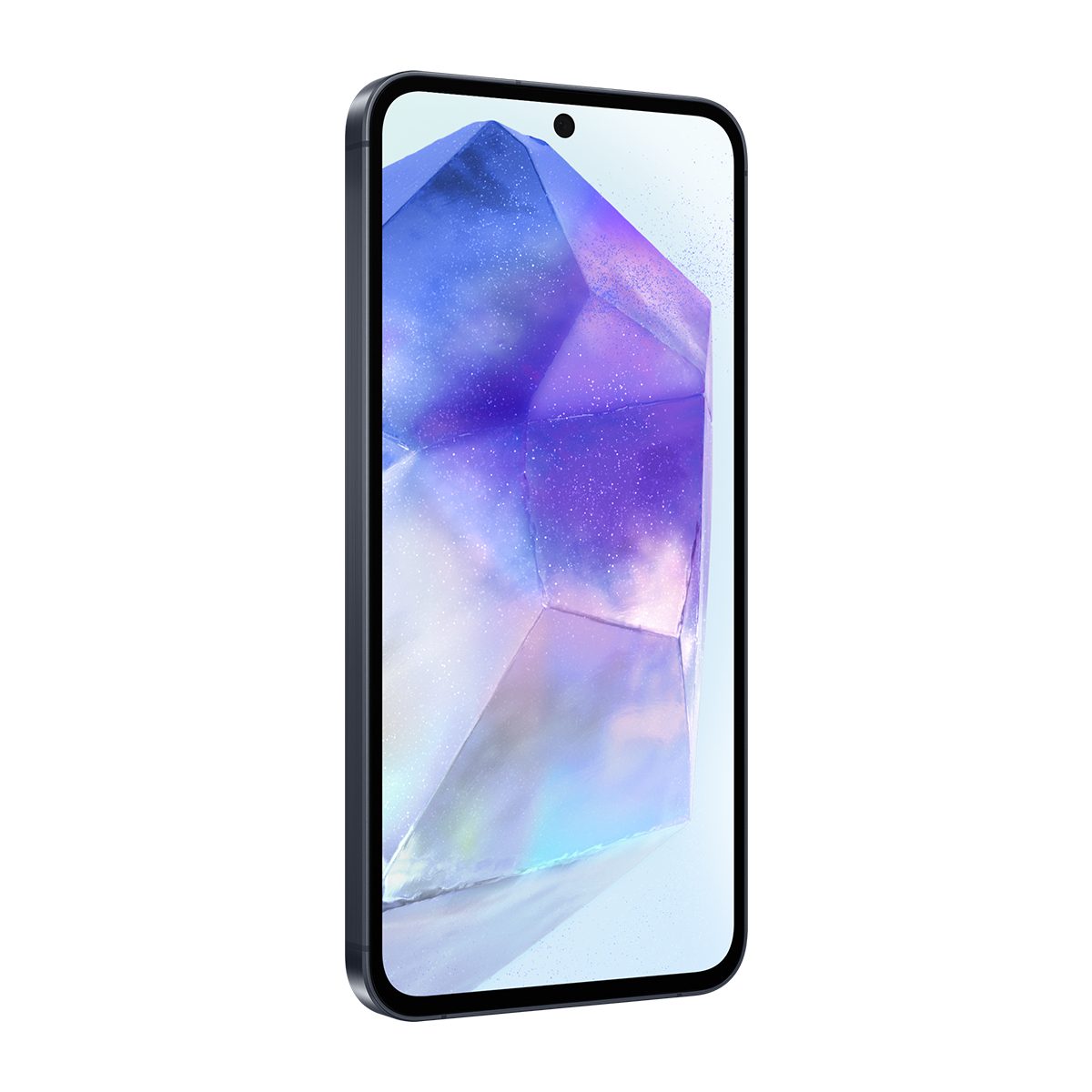 Ekranında mavi ve mor tonlarında kristal benzeri bir tasarım gösteren siyah bir telefon.
