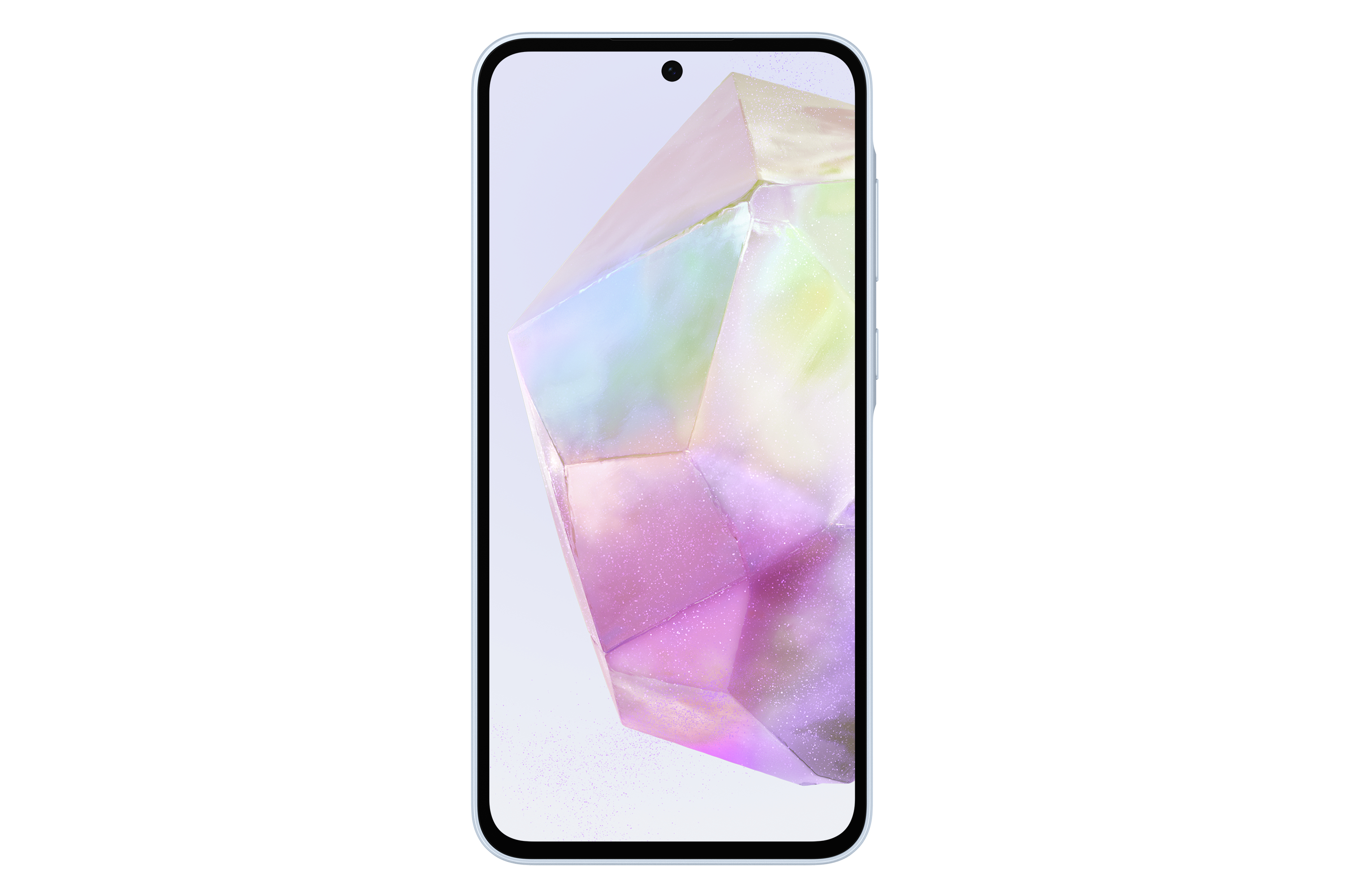 Un smartphone con marco azul claro y pantalla que muestra una estructura cristalina geométrica y colorida.