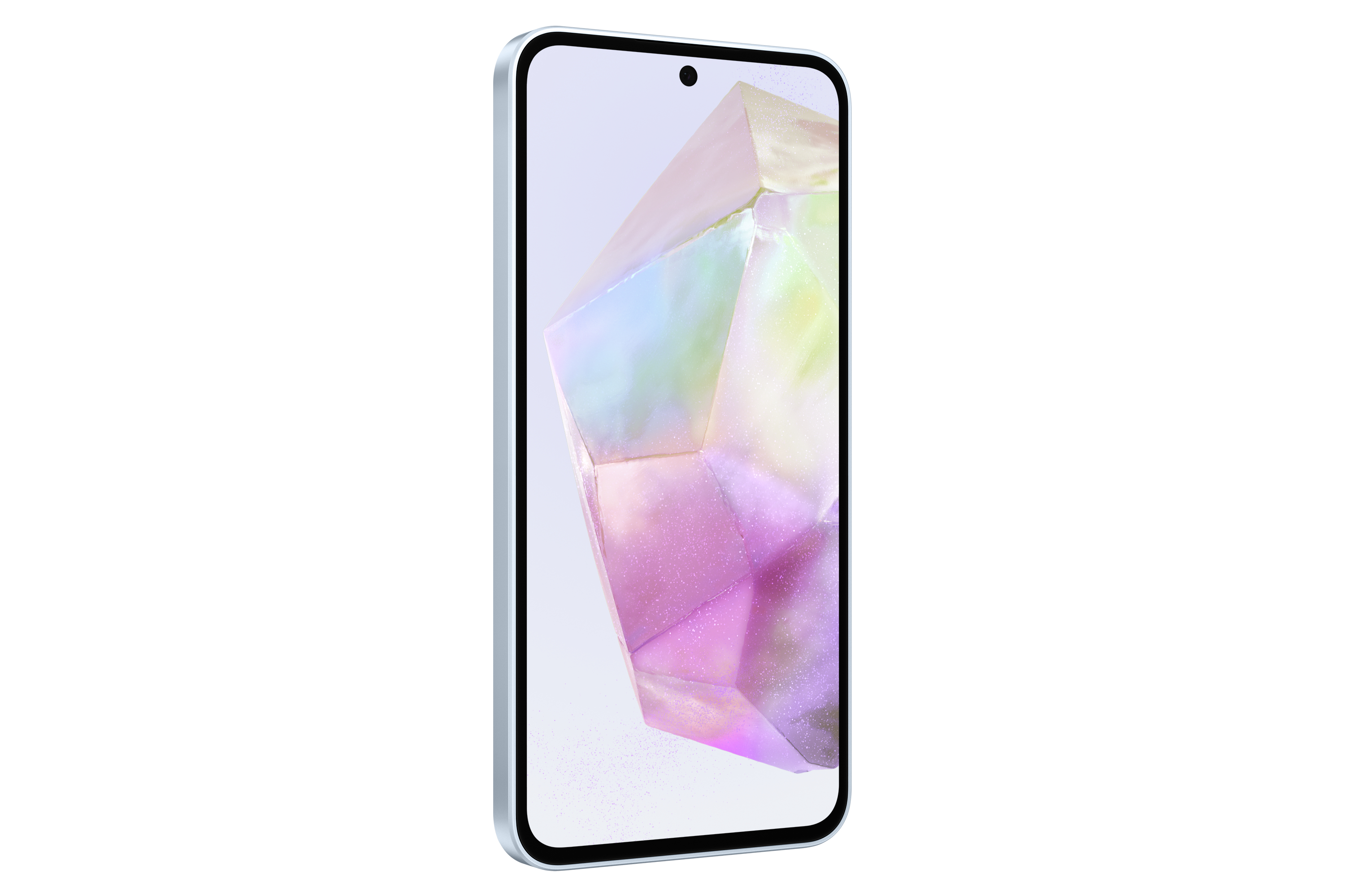 Smartphone plateado. La pantalla muestra una forma colorida y abstracta similar a un cristal.
