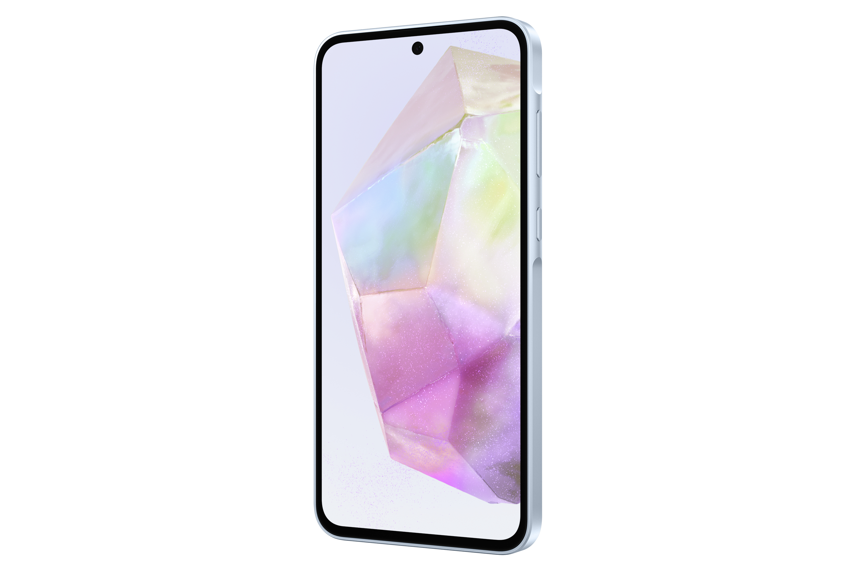 Smartphone azul con una imagen de cristal en la pantalla. El teléfono está ligeramente inclinado.