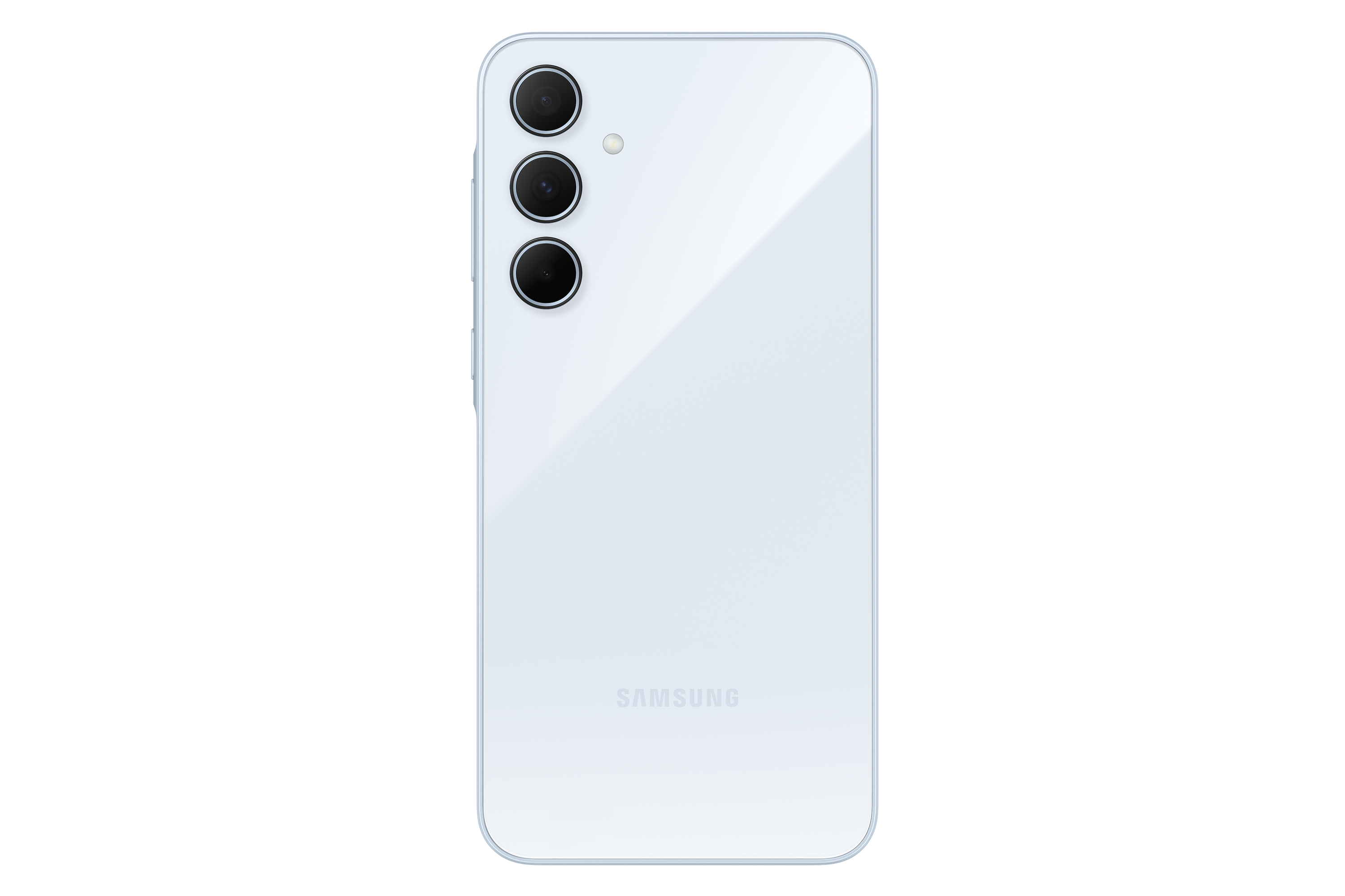 Smartphone azul claro, vista trasera con 3 cámaras y logo Samsung blanco en la parte inferior.