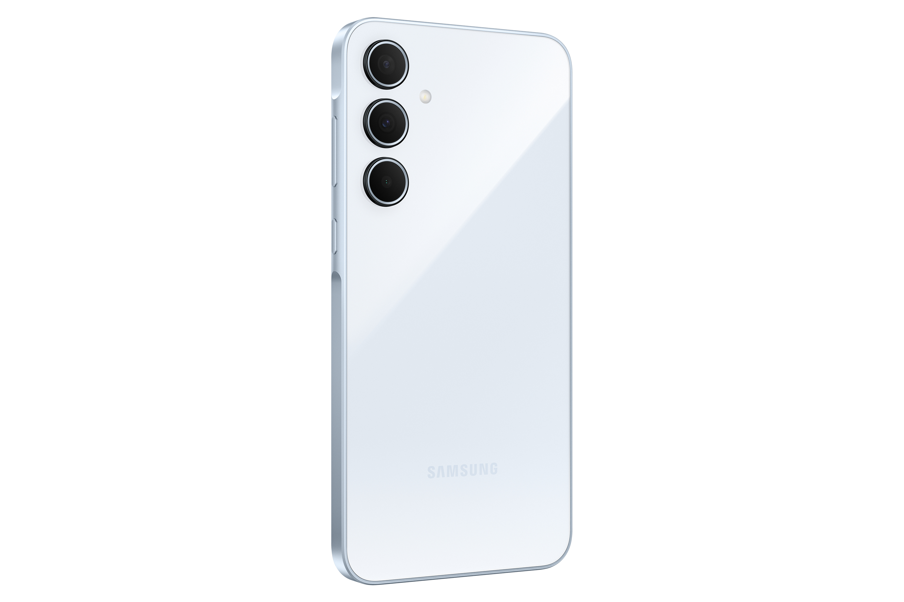 Parte trasera de smartphone azul claro con cámaras y logo Samsung. Diseño elegante y moderno.