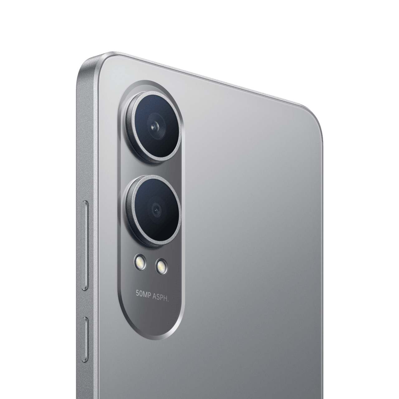 Zbliżenie aparatu srebrnego smartfona z dwoma obiektywami i napisem '50MP ASPH'.