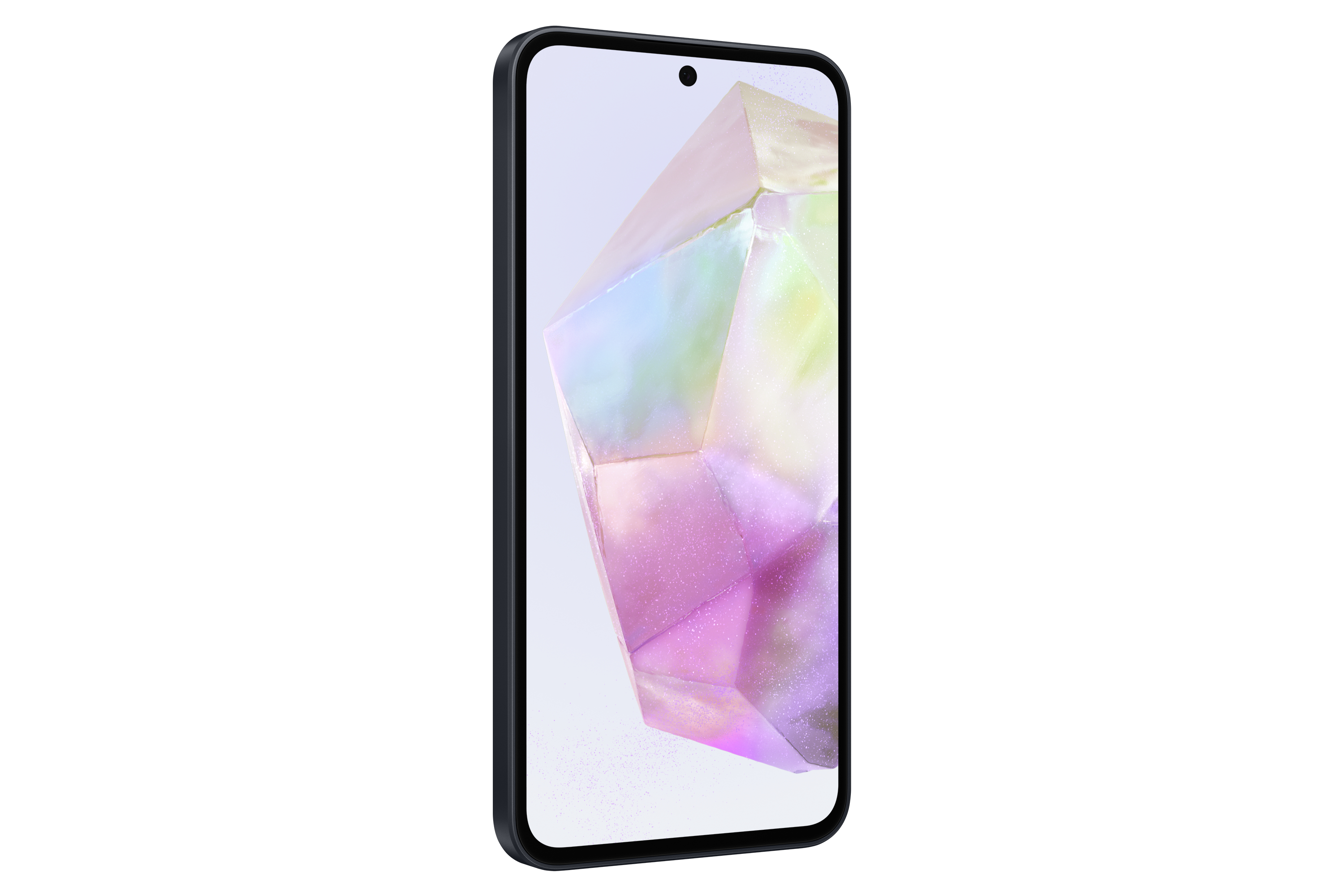 Un smartphone negro con una pantalla que muestra una imagen abstracta similar a un cristal.
