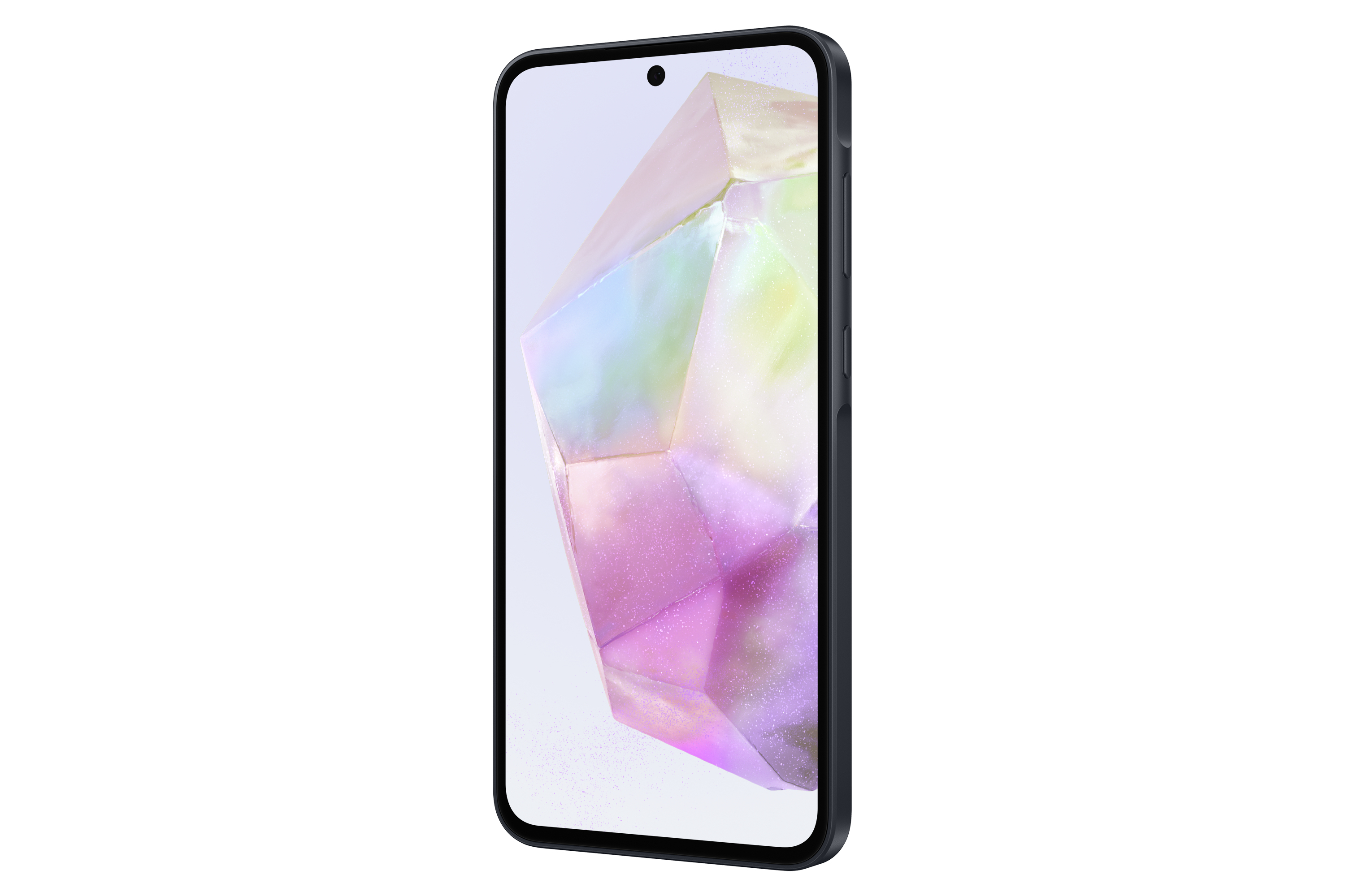 Teléfono negro con pantalla que muestra forma geométrica colorida, fondo blanco.