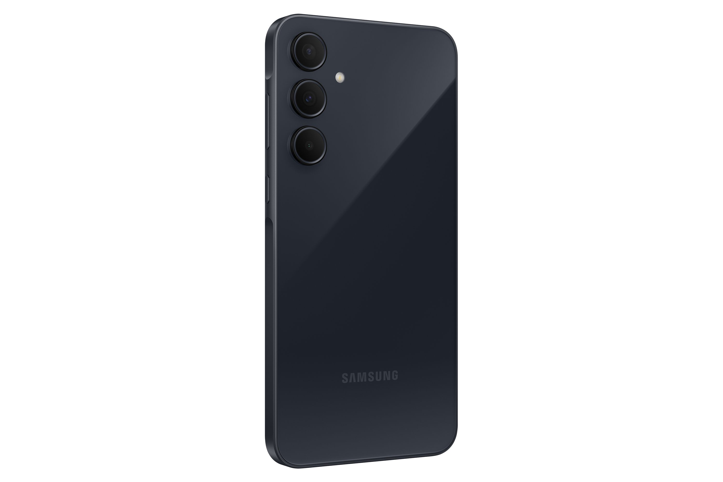 Smartphone azul oscuro con triple cámara. Logotipo de Samsung en la parte trasera. Fondo blanco.