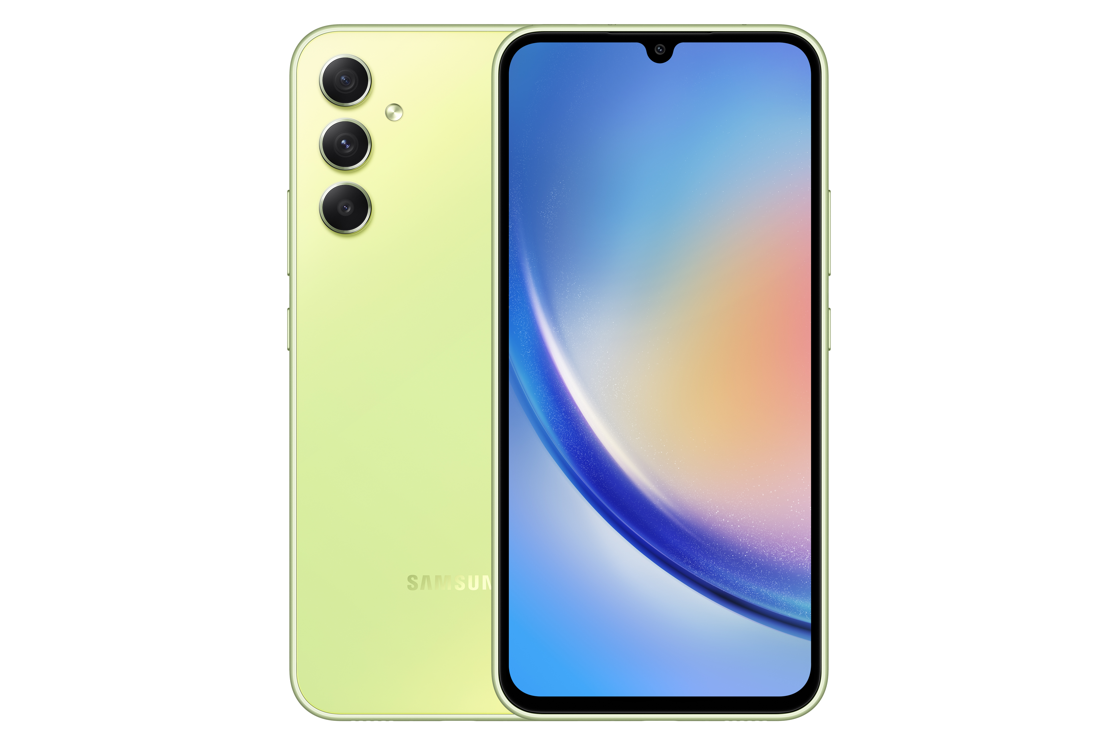 Ekranı ve Samsung logosu ile arkasını gösteren yeşil bir akıllı telefon.