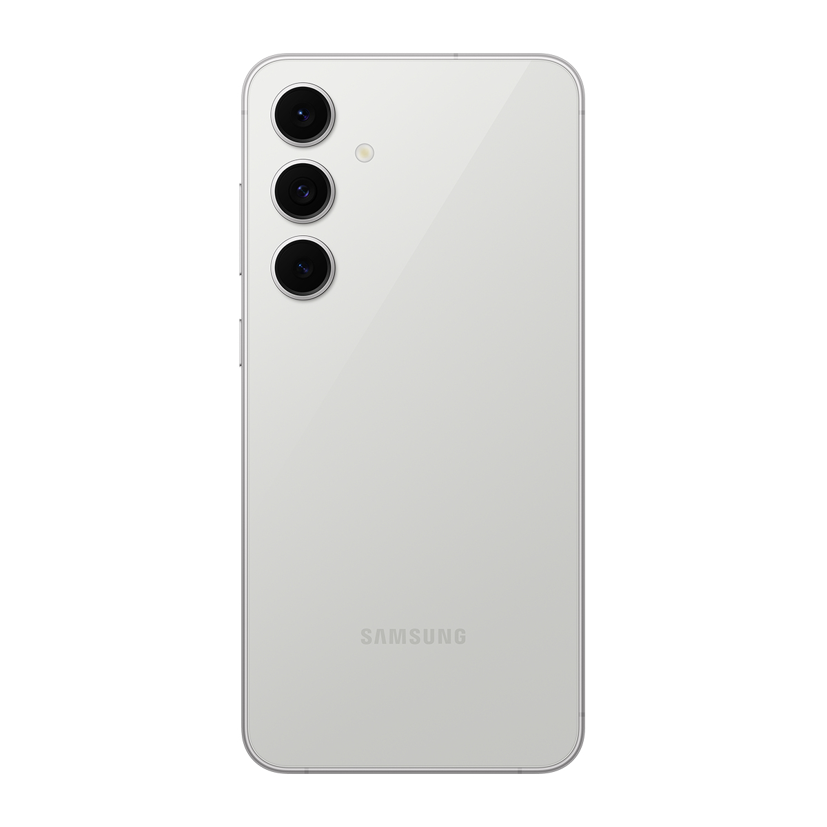 Beyaz Samsung telefon, üç kameralı arka görünüm. Samsung logosu. Beyaz zemin.
