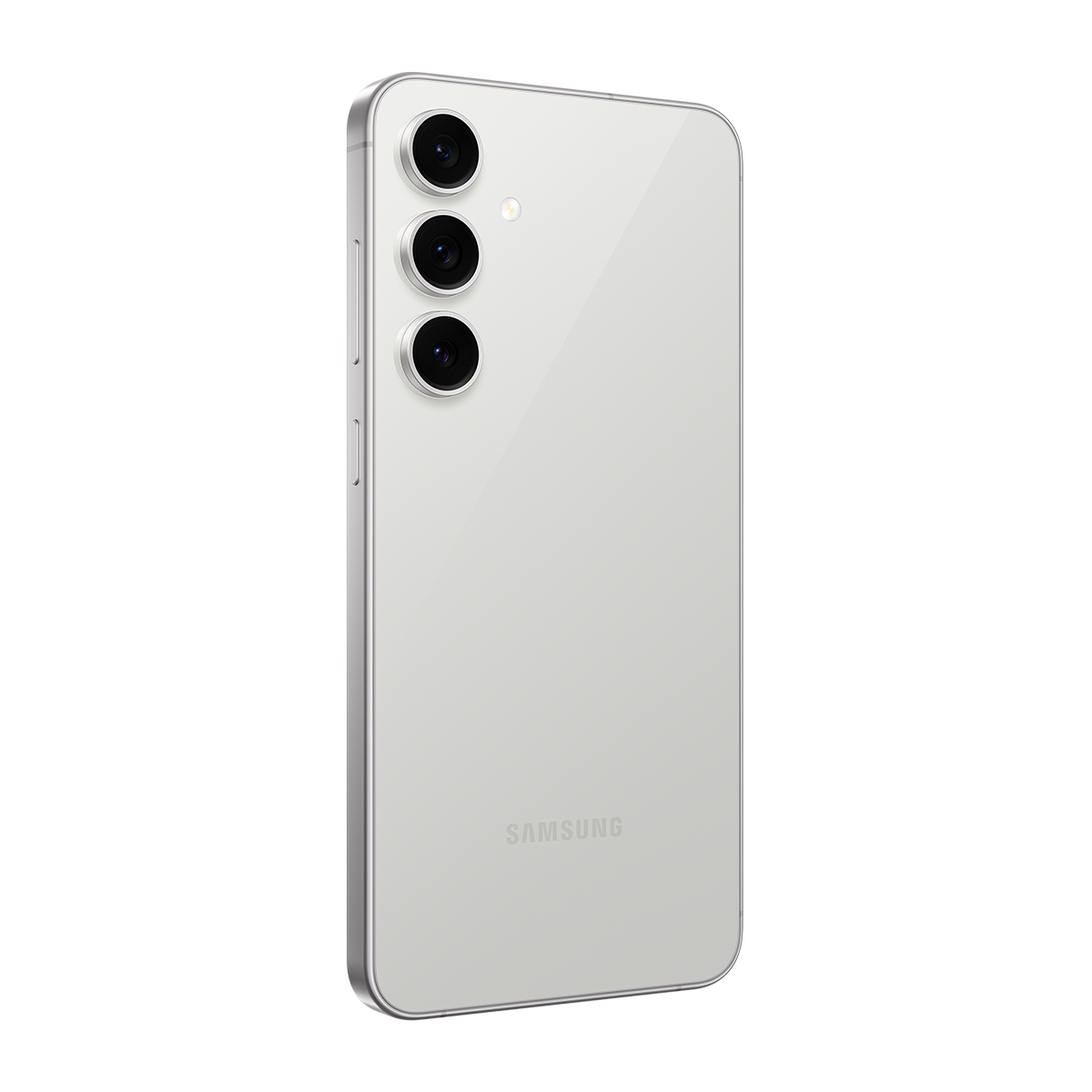 Üç arka kamerası ve altında SAMSUNG yazısı olan beyaz bir akıllı telefon.