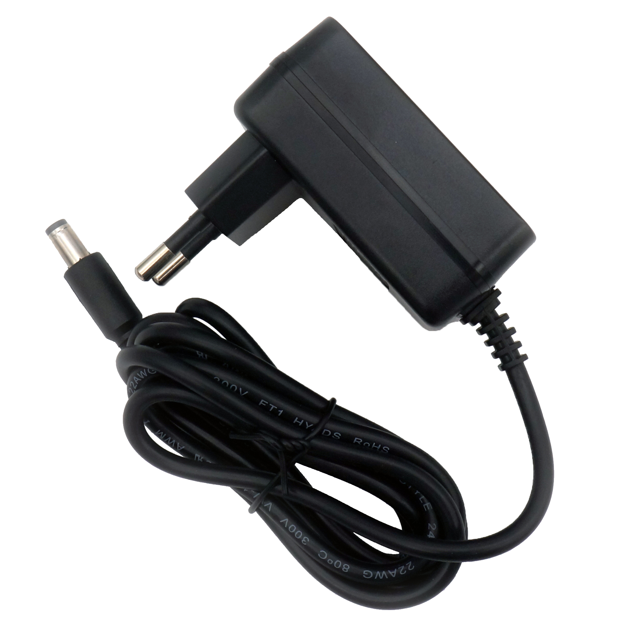 Schwarzes Netzteil mit Kabel und rundem Stecker. Es ist für ein Gerät.