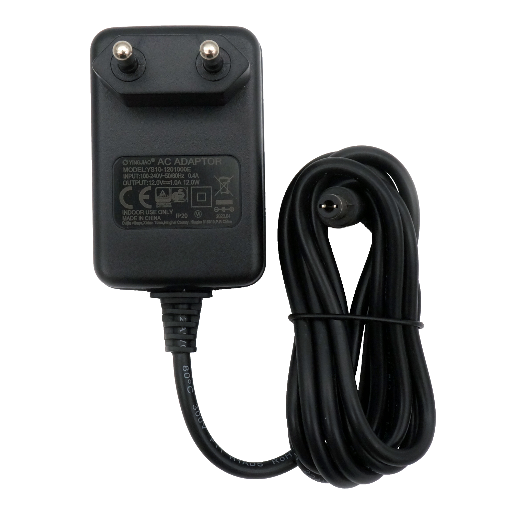 Ein schwarzes Netzteil mit Netzkabel auf einer weißen Oberfläche.