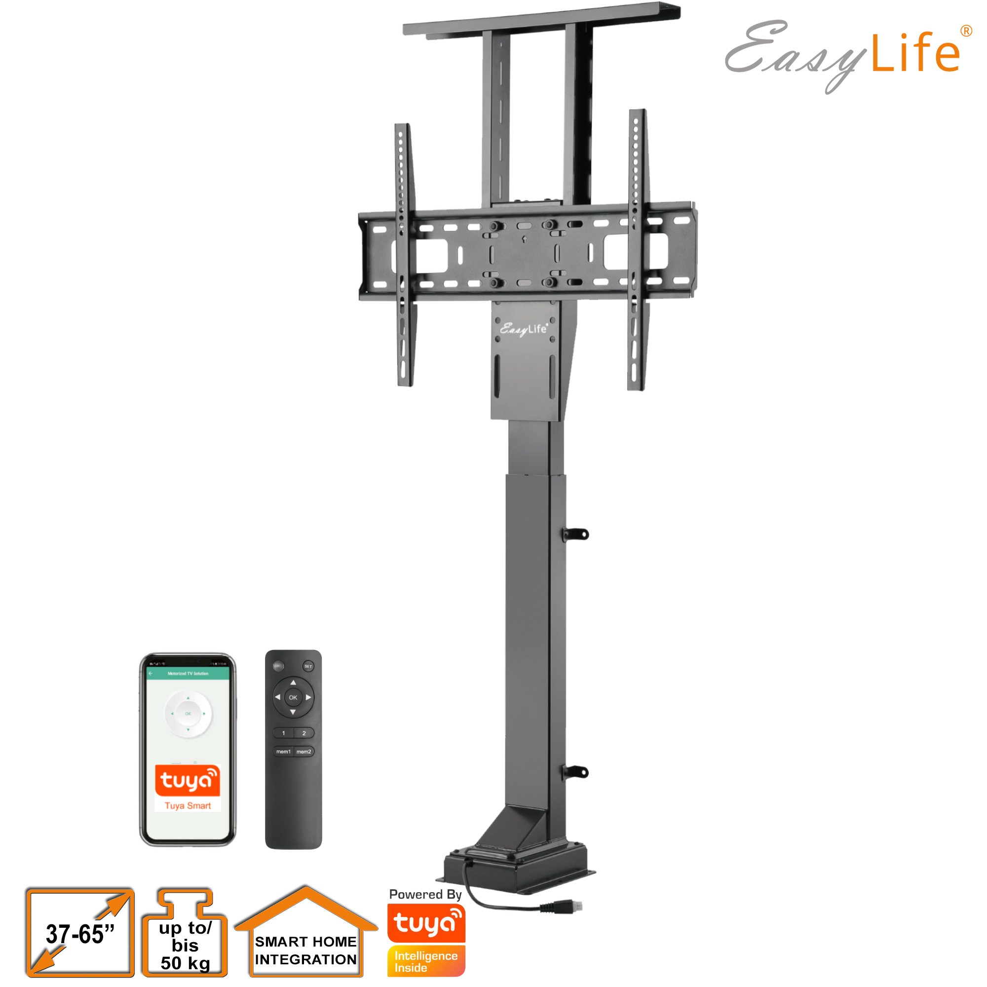 TV-Lift-Ständer mit Smart-Home-Integration. Enthält eine Fernbedienung und ein Telefon mit Tuya Smart App.